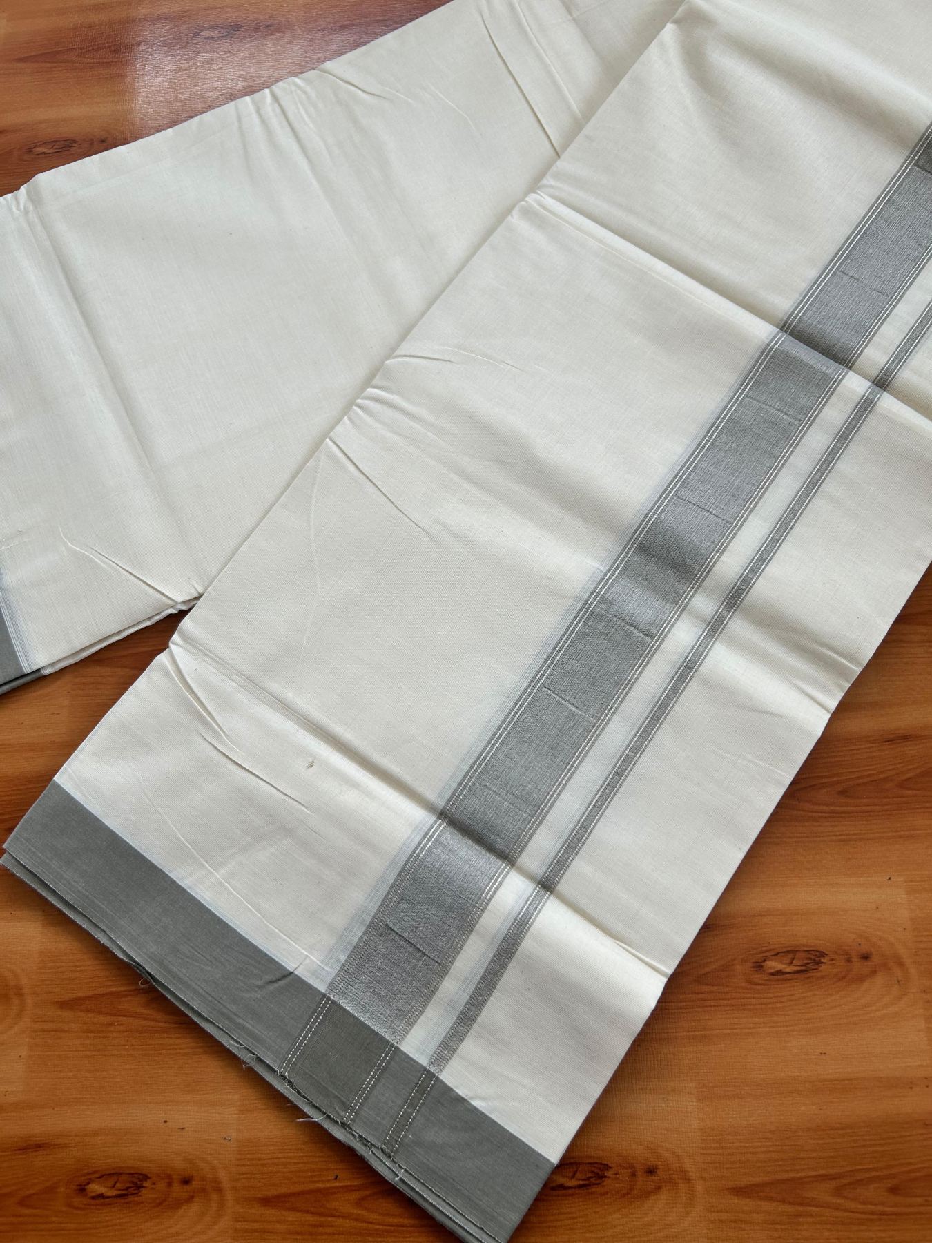 Double Off White (Unbleached) Mundu/Dhoti - 20% Discount! Kaitharikada Pure Cotton - 80x80 - 1.25 Inch Army Brown & Silver shaded Kara 4 mtr (8.5 muzham) - 8 KK5497 MRH