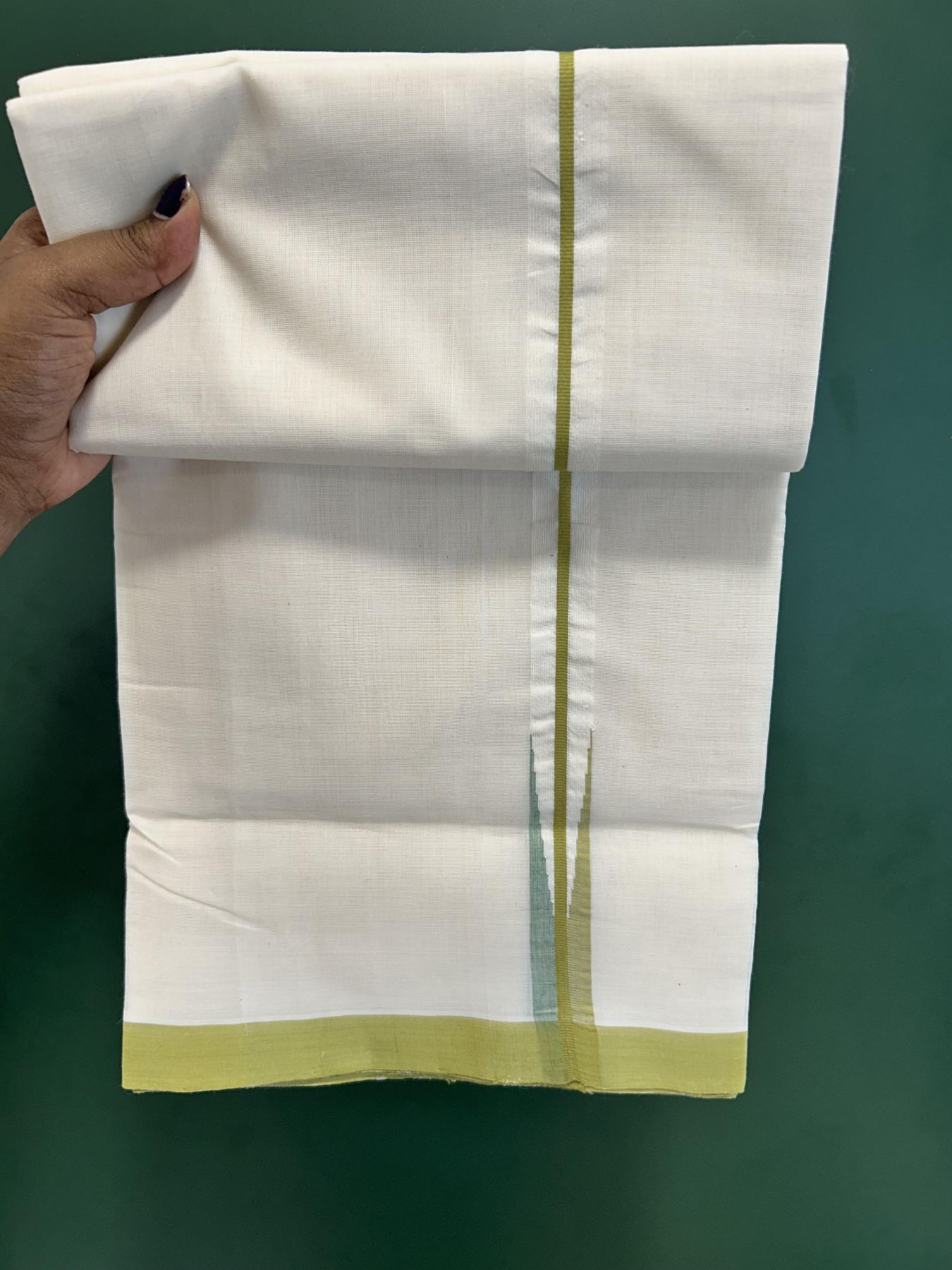 Double Off White (Unbleached) Mundu/Dhoti - 25% Discount!! KaithariKada Handloom Unakkupaav - Kerala Handloom - 100% Pure Cotton - 100x80 - 1 inch Light Olive Green & Multi Colour Chutty Kara 4 meter (8.5 muzham) - 8 KK5436 REA