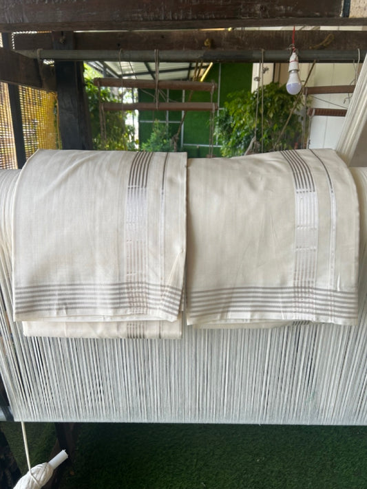 20% Discount!! KaithariKada Balaramapuram - 100% PURE Cotton OFF WHITE (Unbleached) Mundu/Dhoti & Neriyath set - 1.5 Inch Silver Kasavu Stripes Kara - 115KK5227 PMC
