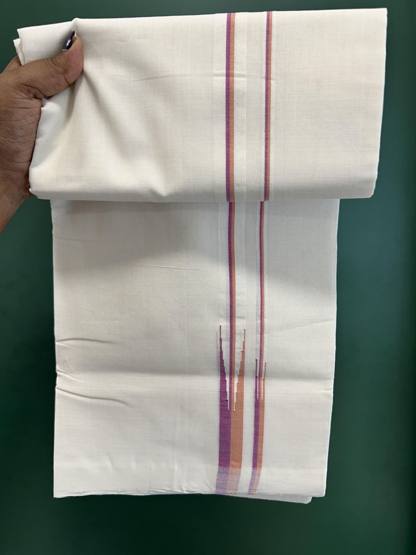 Double Off White (Unbleached) Mundu/Dhoti - 25% Discount!! KaithariKada Handloom Unakkupaav - Kerala Handloom - 100% Pure Cotton - 100x80 - 0.75 inch Orange & Purple Double Chutty Kara 4 meter (8.5 muzham) - 9 KK5436 REA