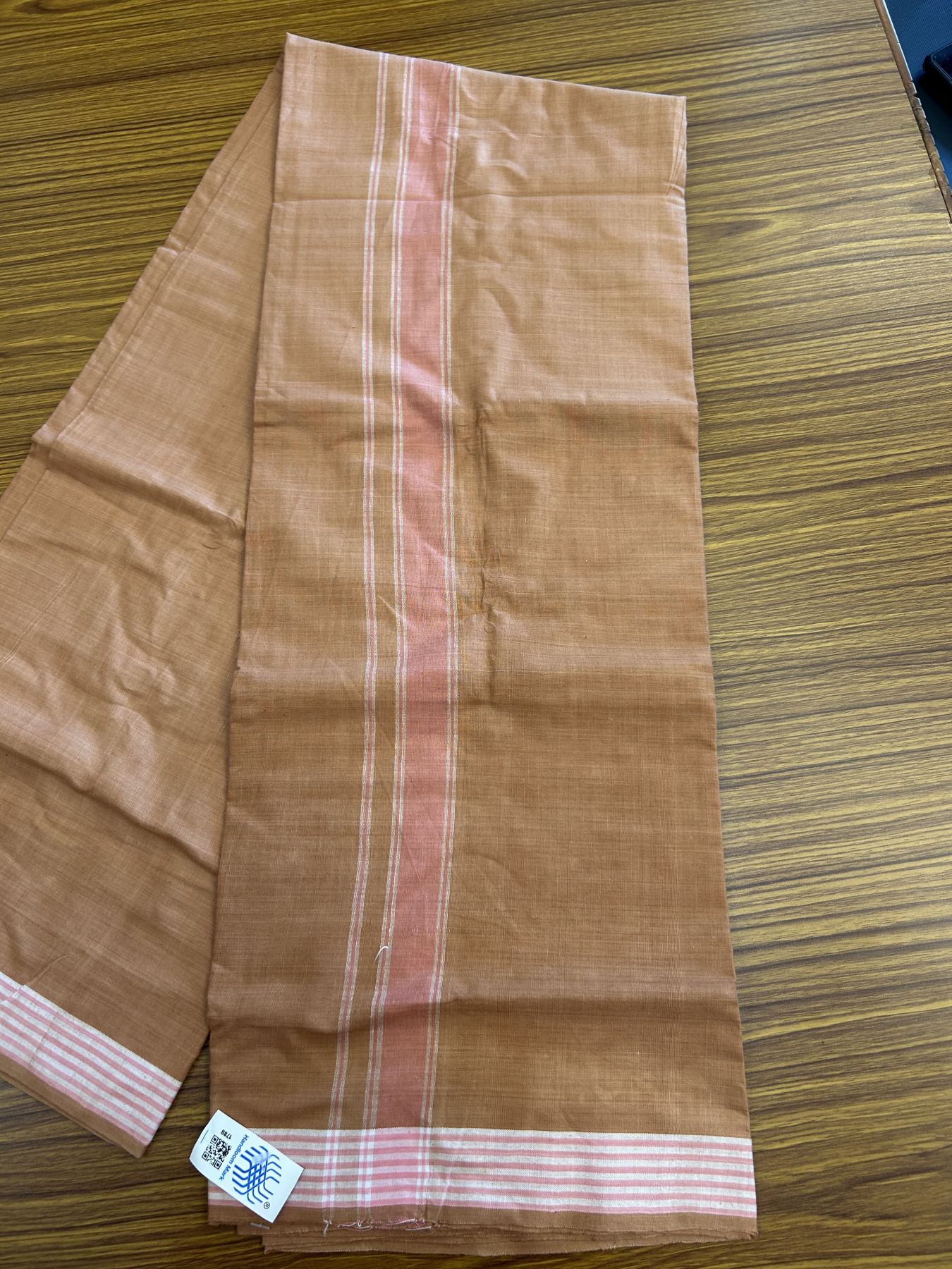 Kerala Handloom - Signature Kaitharikada - Government Sealed Hallmarked - 100% Pure Cotton 2/60x40s Thread - Single Mundu / Dhoti - 1.25 inch Peach Shaded Striped Kara with Kavi colour Body - 28 KK8046 KAL