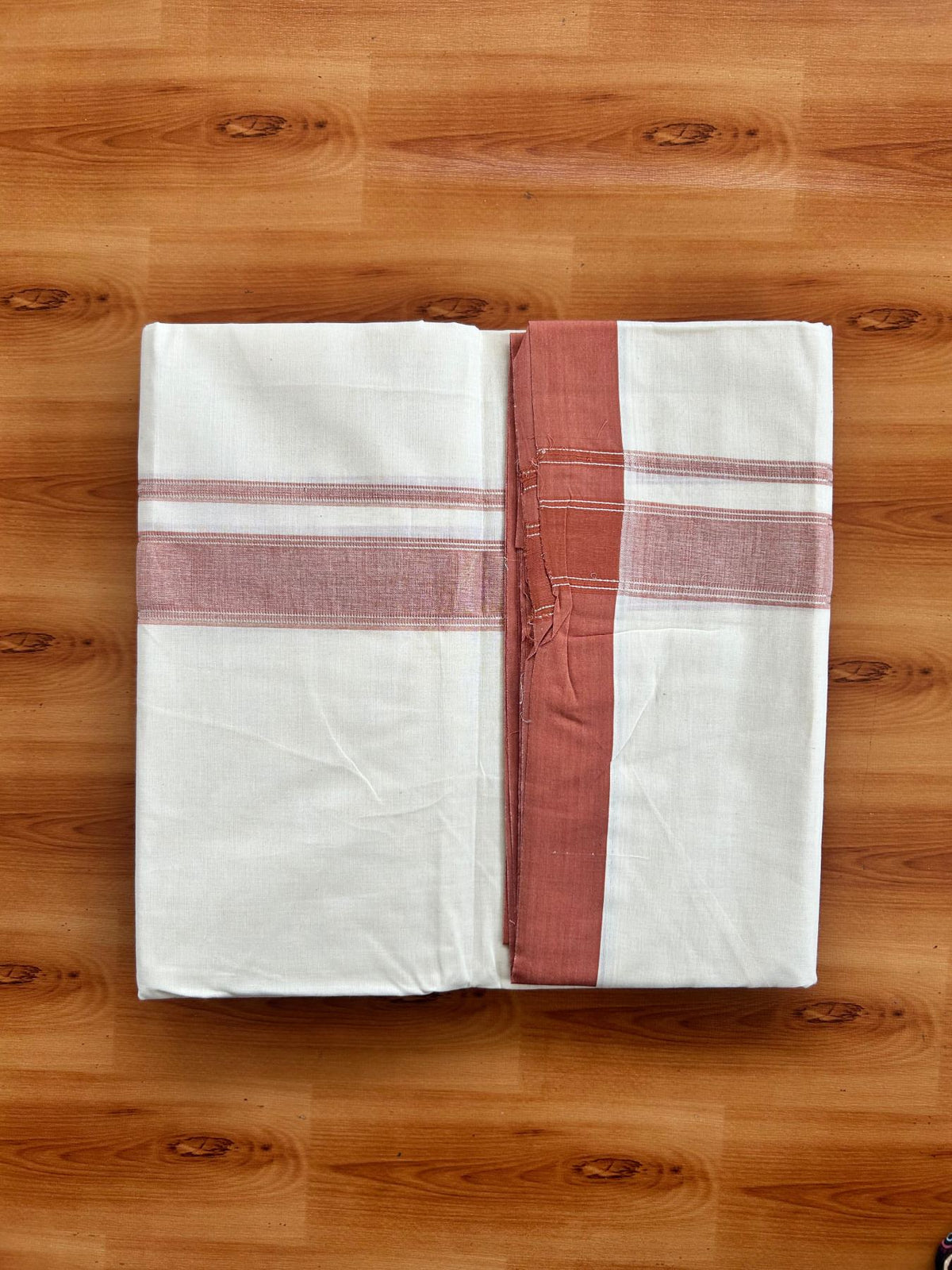 Double Off White (Unbleached) Mundu/Dhoti - 20% Discount! Kaitharikada Pure Cotton - 80x80 - 1.25 Inch Rust brown & Silver shaded Kara 4 mtr (8.5 muzham) - 9 KK5497 MRH