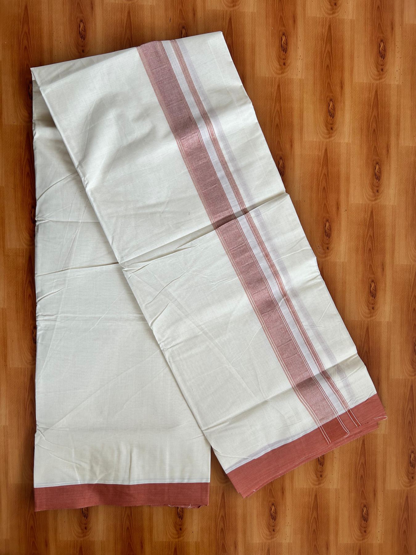 Double Off White (Unbleached) Mundu/Dhoti - 20% Discount! Kaitharikada Pure Cotton - 80x80 - 1.25 Inch Rust brown & Silver shaded Kara 4 mtr (8.5 muzham) - 9 KK5497 MRH