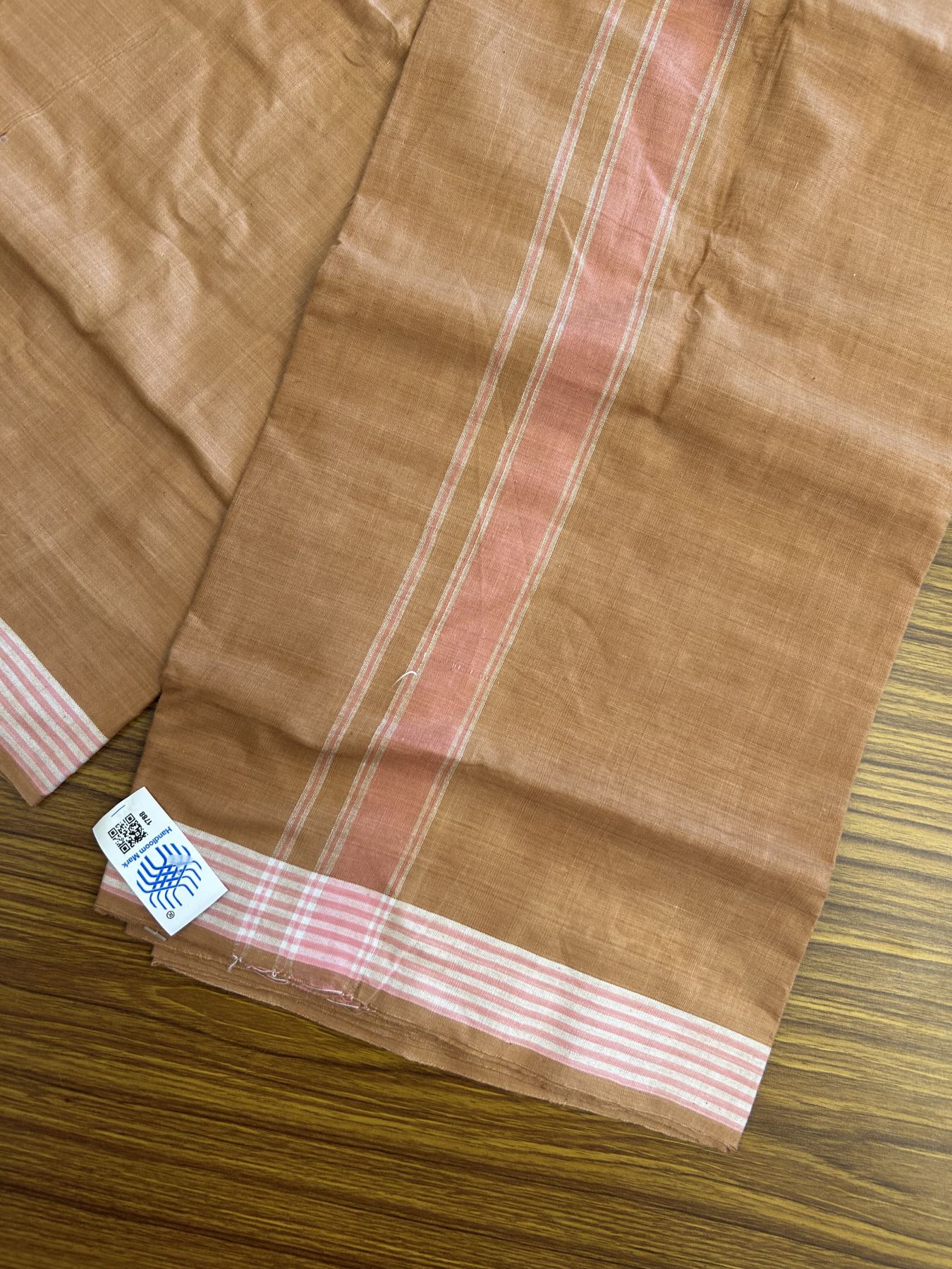 Kerala Handloom - Signature Kaitharikada - Government Sealed Hallmarked - 100% Pure Cotton 2/60x40s Thread - Single Mundu / Dhoti - 1.25 inch Peach Shaded Striped Kara with Kavi colour Body - 28 KK8046 KAL