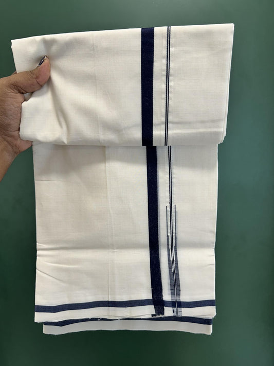 Double Off White (Unbleached) Mundu/Dhoti - 25% Discount!! KaithariKada Handloom Unakkupaav - Kerala Handloom - 100% Pure Cotton - 100x80 - 0.5 inch Navy Blue Chutty Kara 4 meter (8.5 muzham) - 12 KK5436 REA