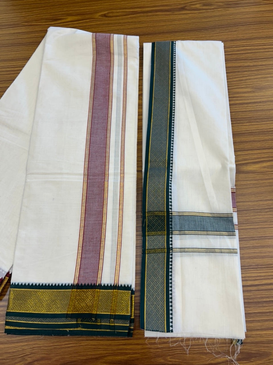 20% Discount! KaithariKada Mixed Cotton Off White - (Unbleached) 80x90 thread - North Indian - Gamcha 8x4 - 2 inch kara with Maroon & Green Gold Kasav Jacquard border - 24 KK5303 PMC
