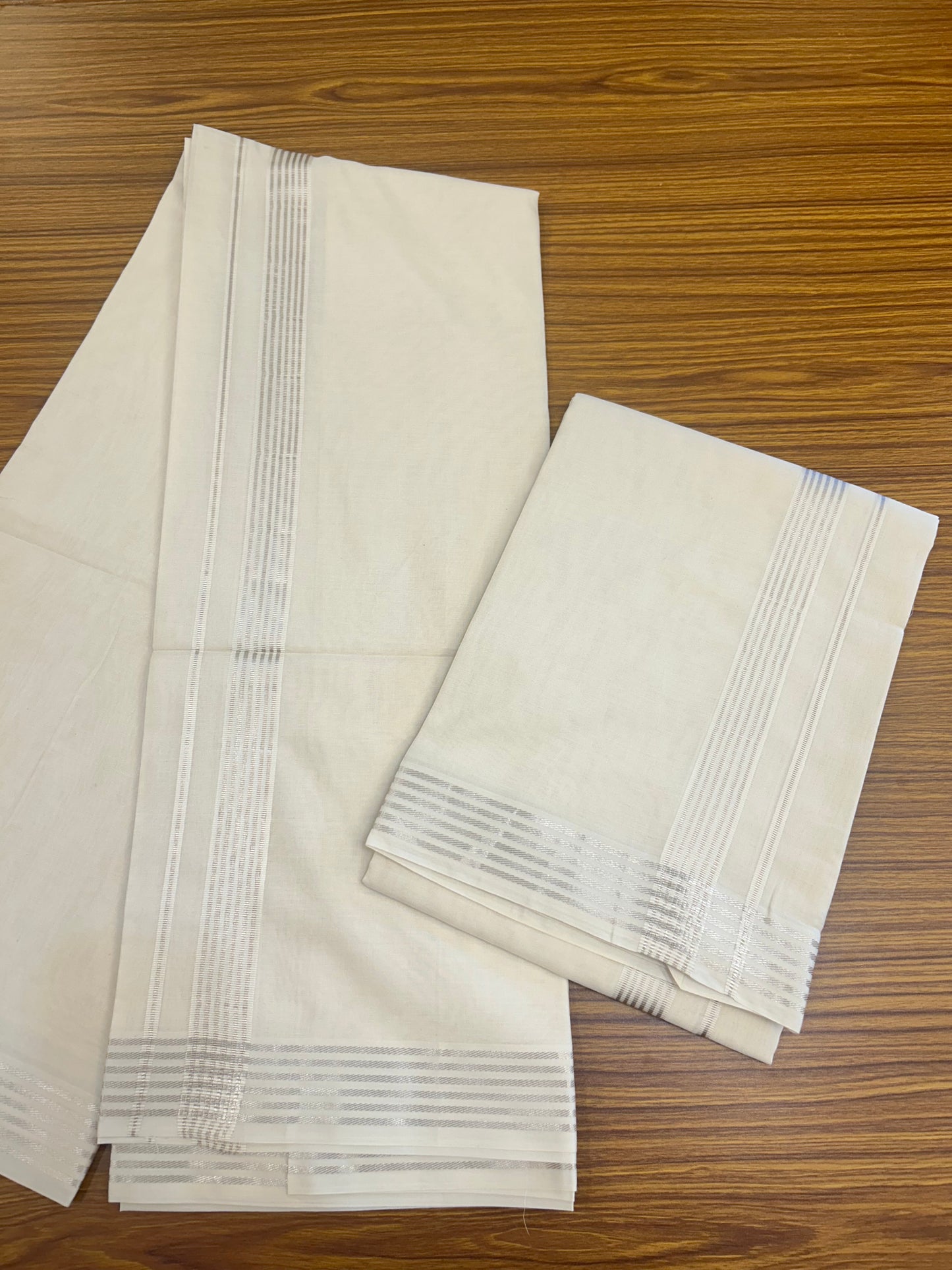 20% Discount!! KaithariKada Balaramapuram - 100% PURE Cotton OFF WHITE (Unbleached) Mundu/Dhoti & Neriyath set - 1.5 Inch Silver Kasavu Stripes Kara - 115KK5227 PMC
