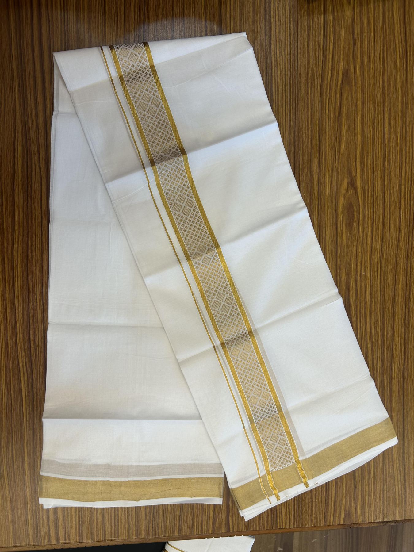 20% Discount!! Kaitharikada Balaramapuram 100% Pure Cotton Pure White Double Mundu/Dothi - 100x80 - 2 inch Gold Kasav Jacquard Design Kara - 3.90 m (8 muzham) - 54 KK5356 VAS