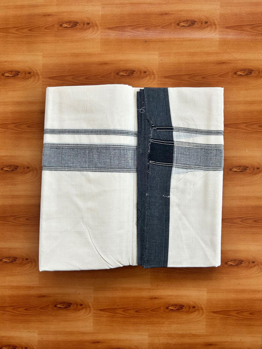 Double Off White (Unbleached) Mundu/Dhoti - 20% Discount! Kaitharikada Pure Cotton - 80x80 - 1.25 Inch Black & Silver shaded Kara 4 mtr (8.5 muzham) - 10 KK5497 MRH