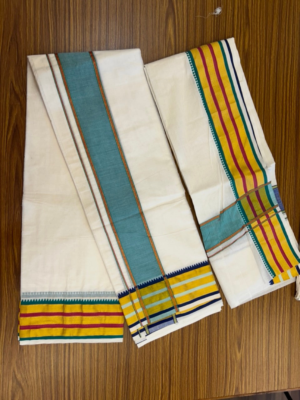 20% Discount! KaithariKada  Mixed Cotton Off White - (Unbleached) 80x90 thread - North Indian - Gamcha 8x4 - 4 inch kara with Magenta & Turquoise Green Gold Kasav border - 6 KK5303 PMC