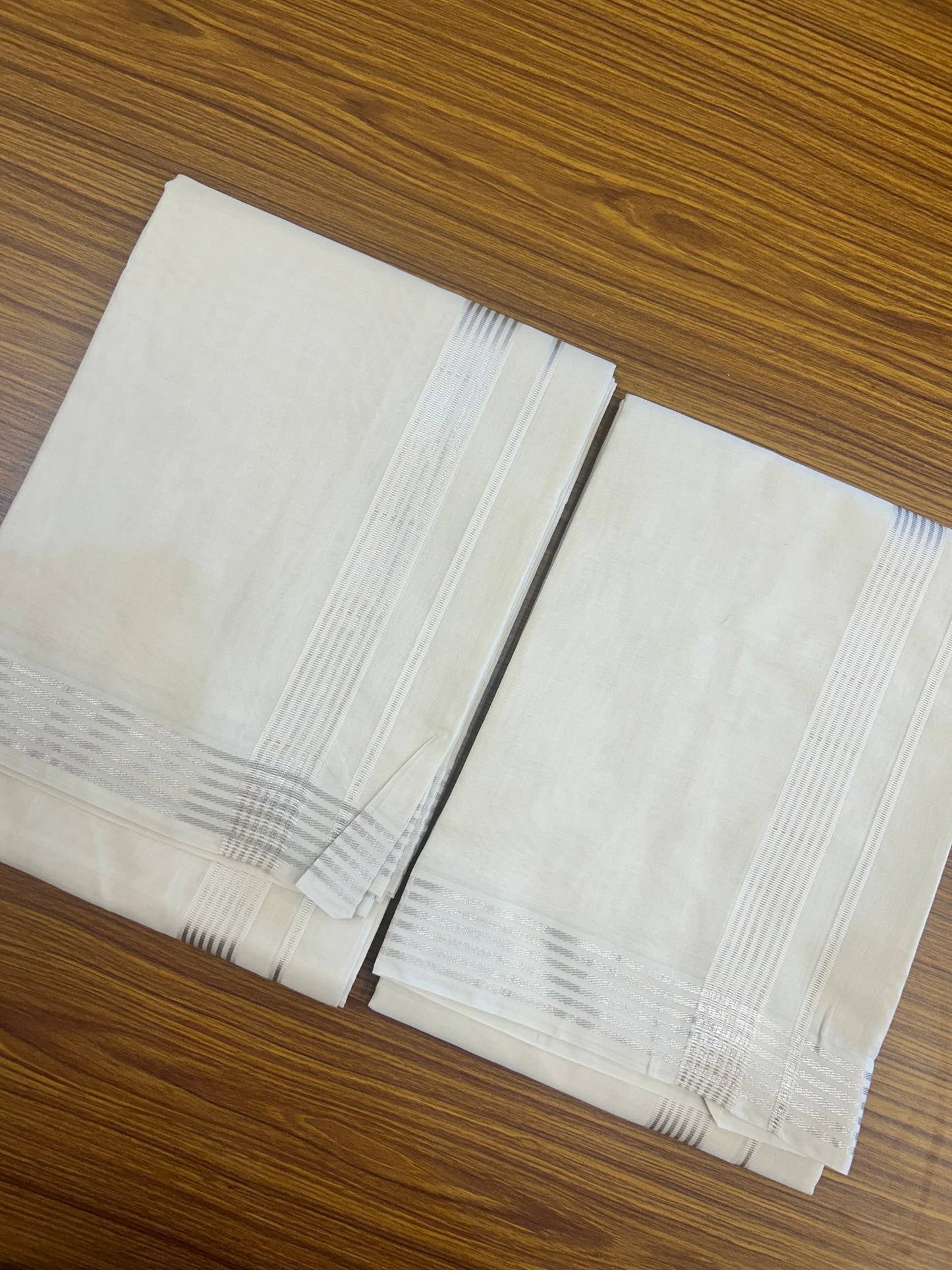 20% Discount!! KaithariKada Balaramapuram - 100% PURE Cotton OFF WHITE (Unbleached) Mundu/Dhoti & Neriyath set - 1.5 Inch Silver Kasavu Stripes Kara - 115KK5227 PMC