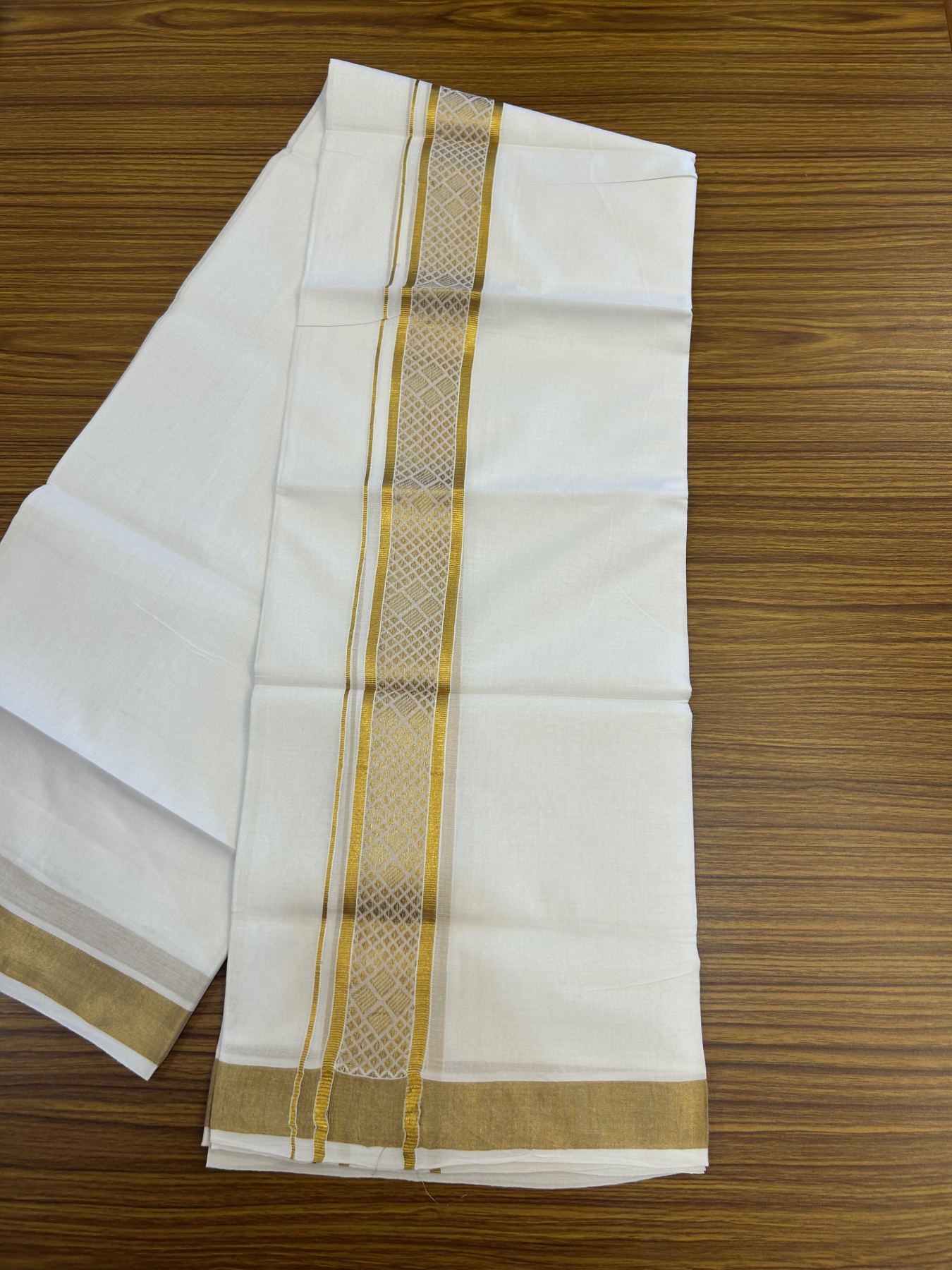 20% Discount!! Kaitharikada Balaramapuram 100% Pure Cotton Pure White Double Mundu/Dothi - 100x80 - 2 inch Gold Kasav Jacquard Design Kara - 3.90 m (8 muzham) - 54 KK5356 VAS