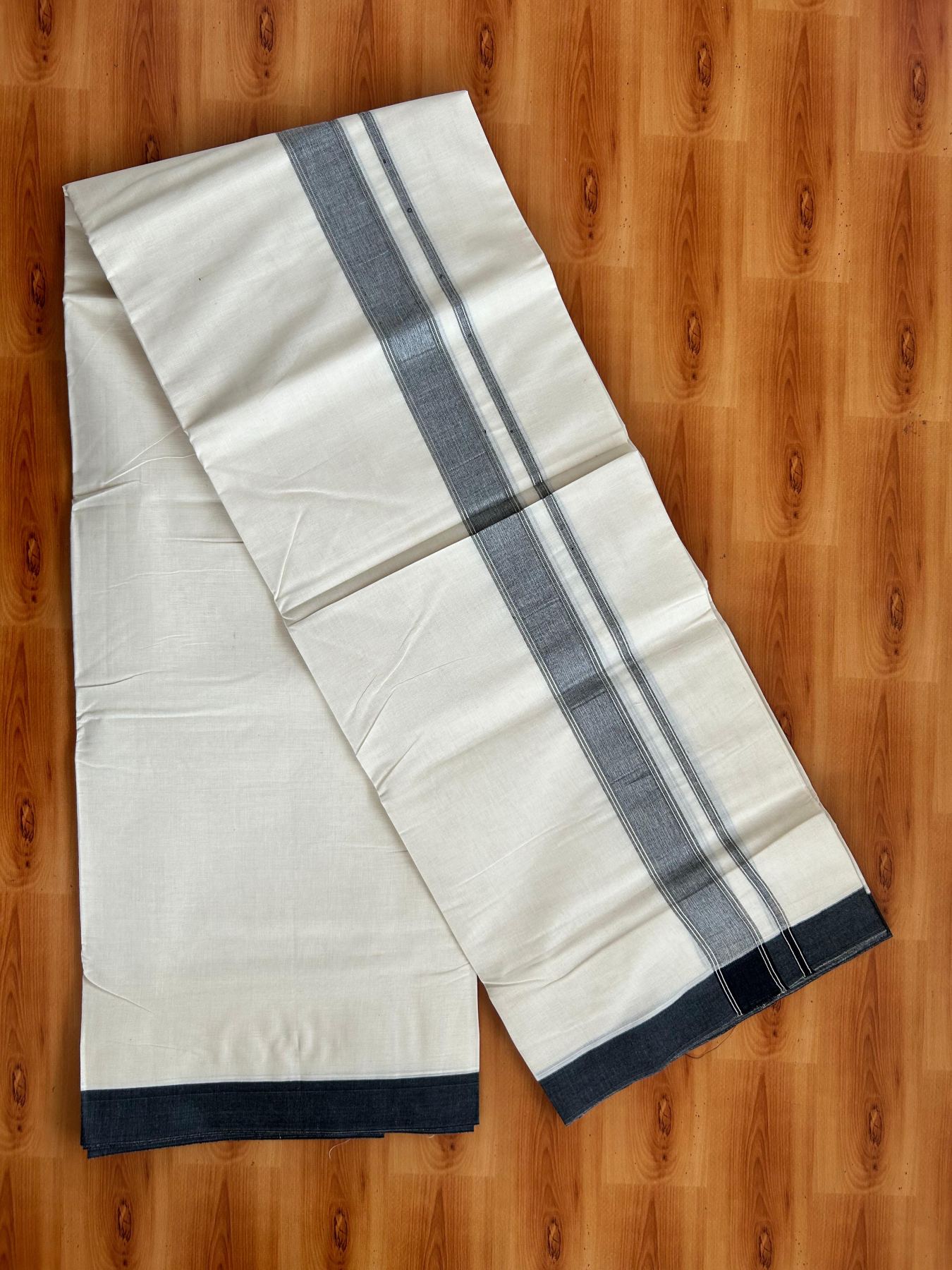 Double Off White (Unbleached) Mundu/Dhoti - 20% Discount! Kaitharikada Pure Cotton - 80x80 - 1.25 Inch Black & Silver shaded Kara 4 mtr (8.5 muzham) - 10 KK5497 MRH