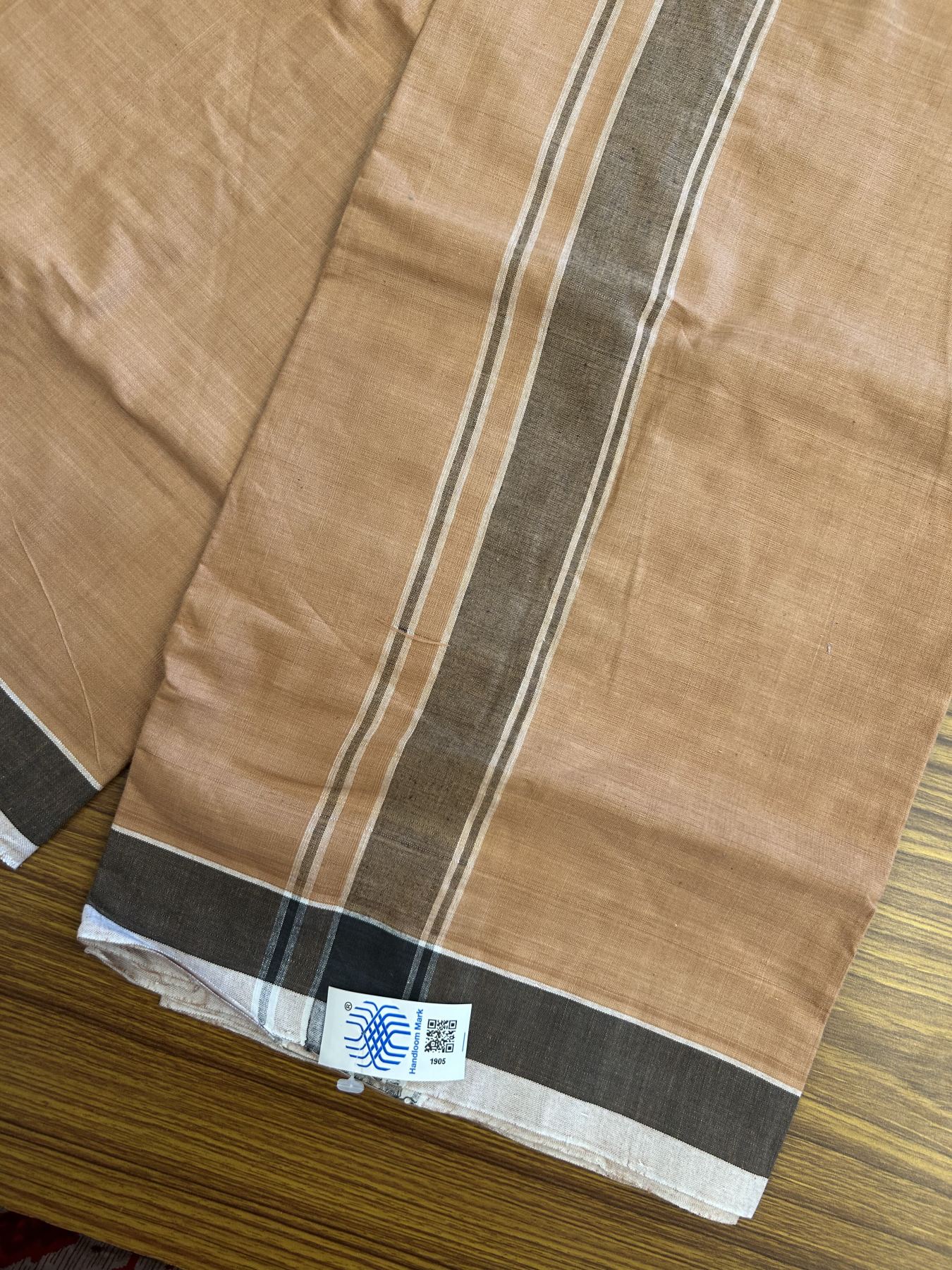 Kerala Handloom - Signature Kaitharikada - Government Sealed Hallmarked - 100% Pure Cotton 2/60x40s Thread - Single Mundu / Dhoti - 1.5 inch Black Shaded Striped Kara with Kavi colour Body - 29 KK8046 KAL