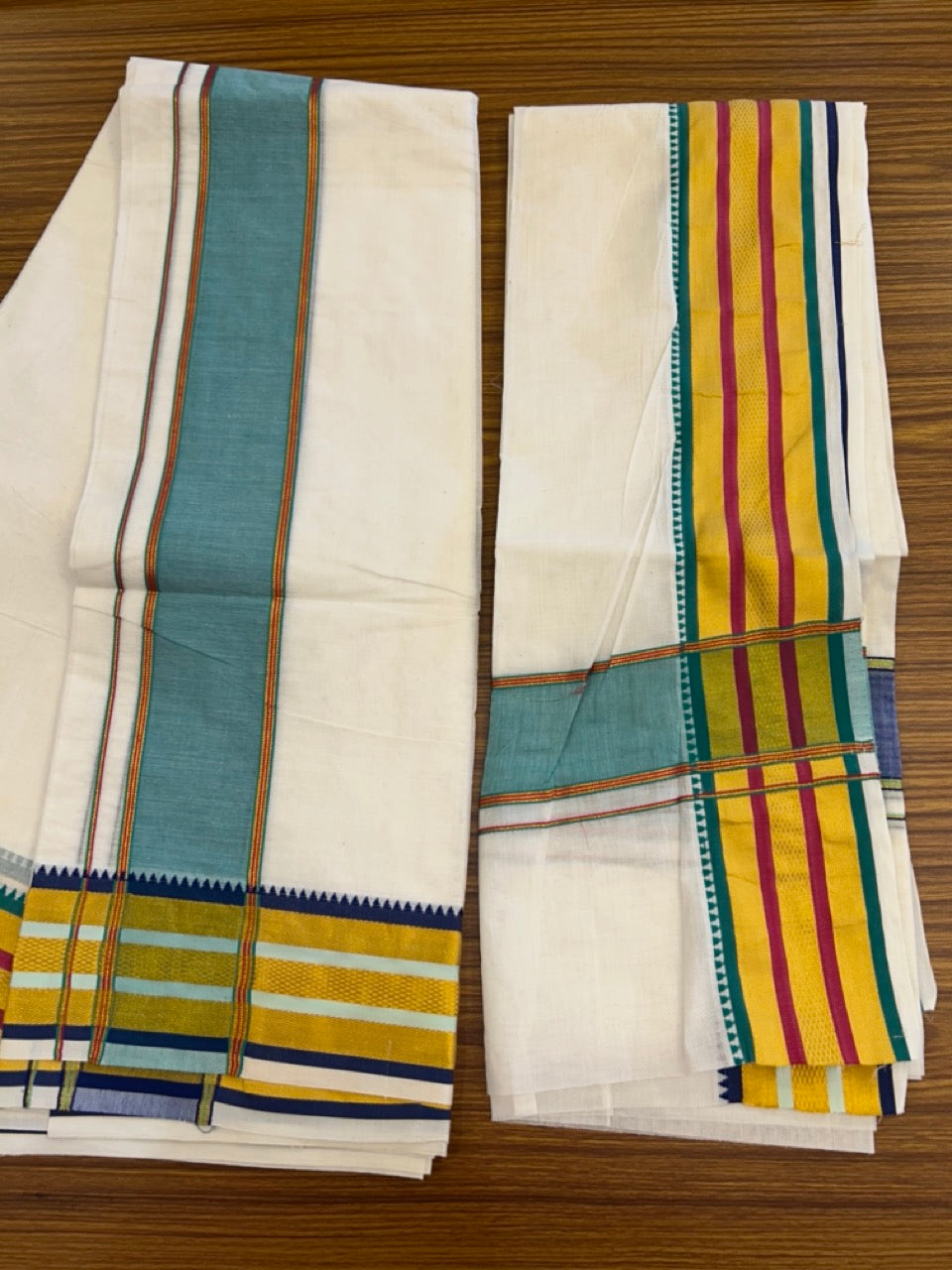 20% Discount! KaithariKada  Mixed Cotton Off White - (Unbleached) 80x90 thread - North Indian - Gamcha 8x4 - 4 inch kara with Magenta & Turquoise Green Gold Kasav border - 6 KK5303 PMC