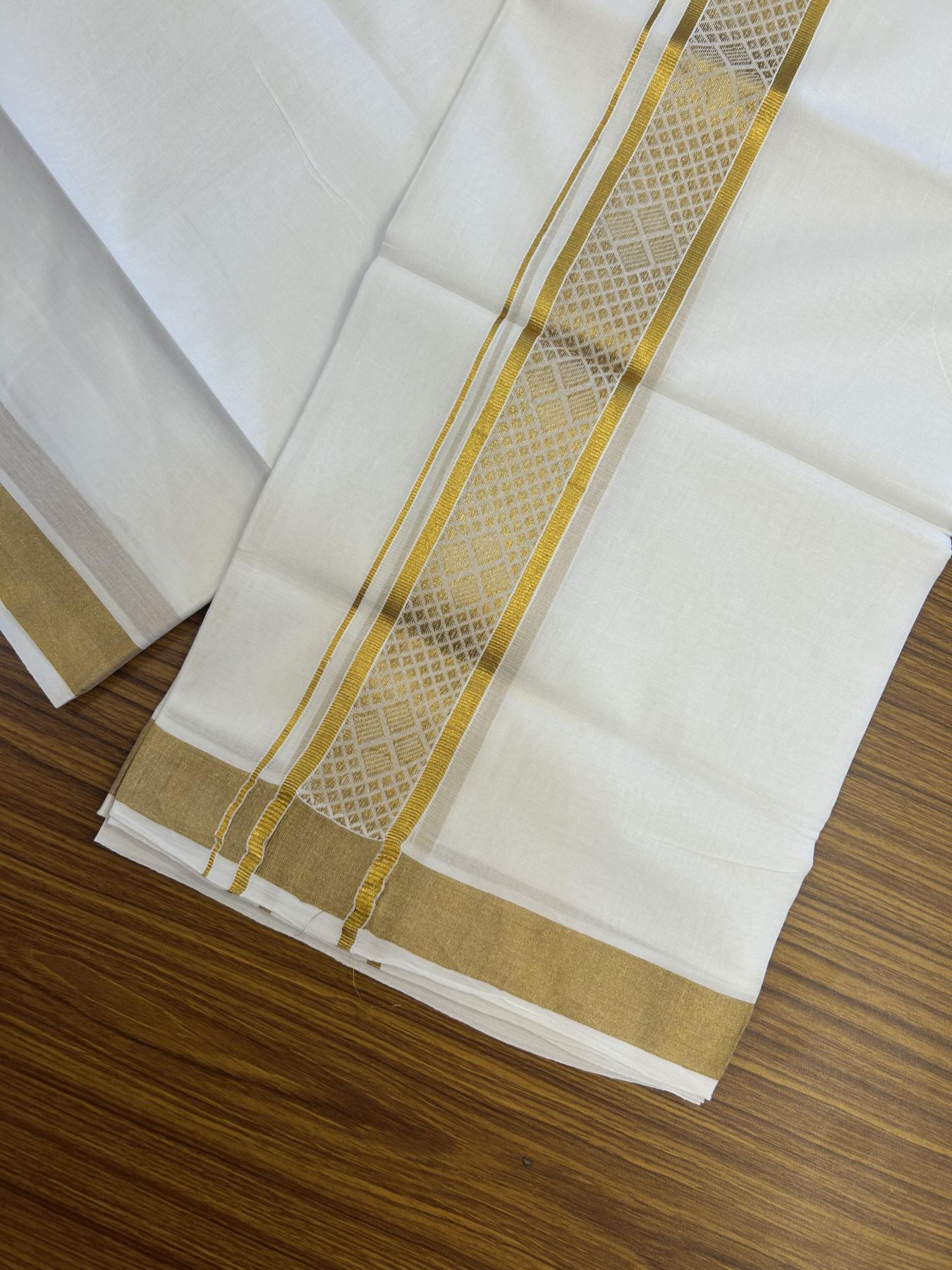 20% Discount!! Kaitharikada Balaramapuram 100% Pure Cotton Pure White Double Mundu/Dothi - 100x80 - 2 inch Gold Kasav Jacquard Design Kara - 3.90 m (8 muzham) - 54 KK5356 VAS