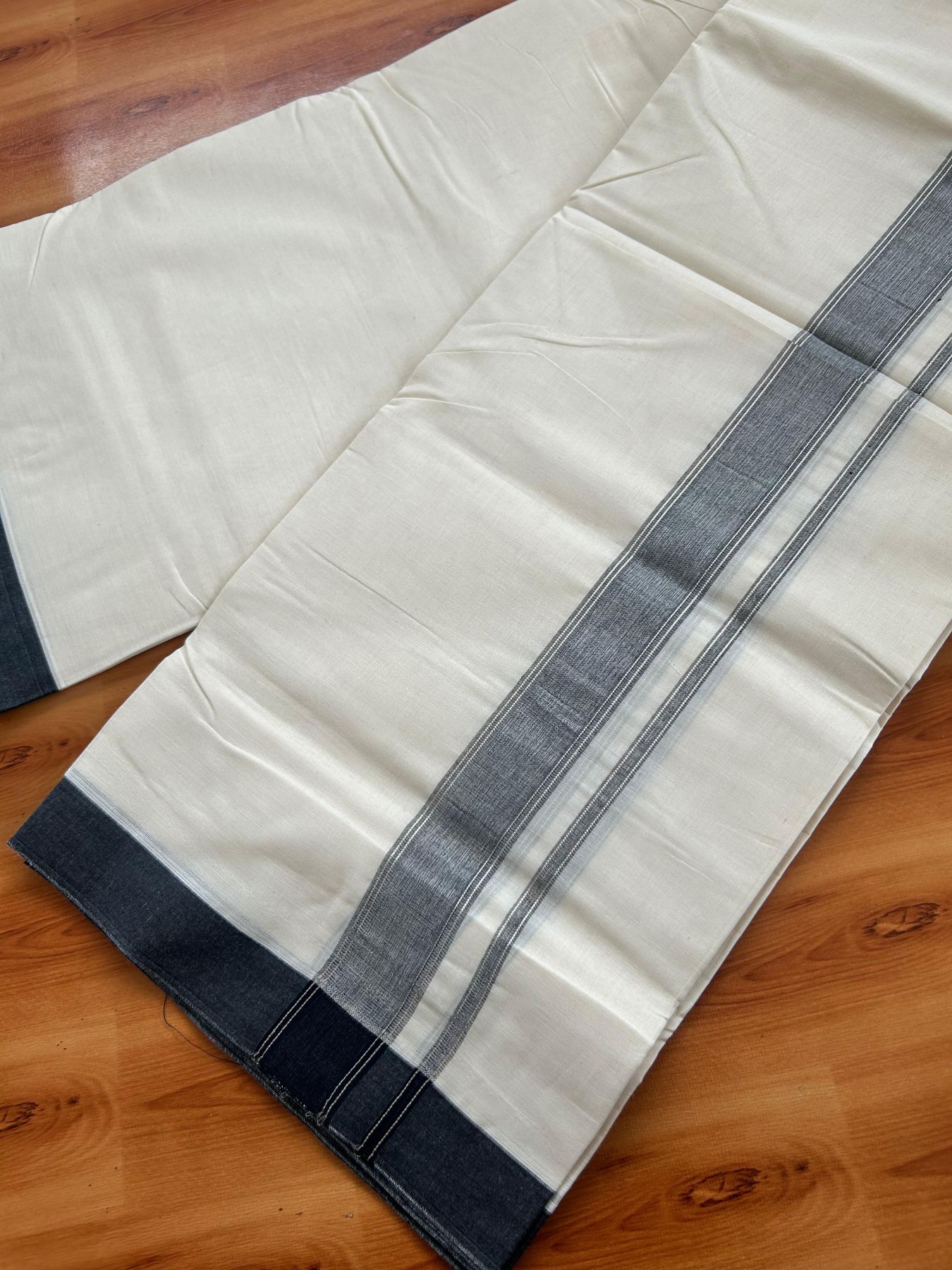 Double Off White (Unbleached) Mundu/Dhoti - 20% Discount! Kaitharikada Pure Cotton - 80x80 - 1.25 Inch Black & Silver shaded Kara 4 mtr (8.5 muzham) - 10 KK5497 MRH