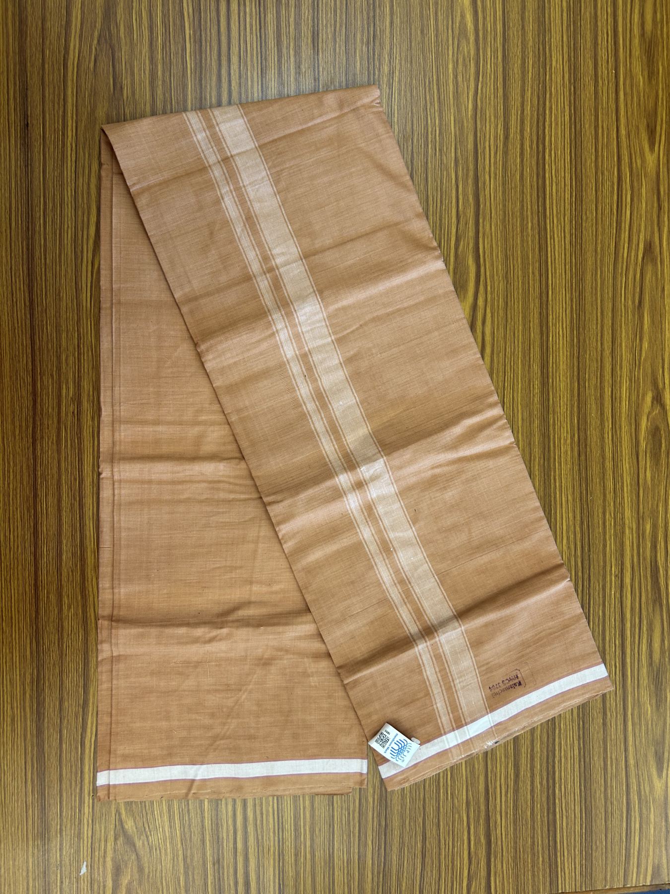 Kerala Handloom - Signature Kaitharikada - Government Sealed Hallmarked - 100% Pure Cotton 2/60x40s Thread - Single Mundu / Dhoti - 1 inch White Shaded Striped Kara with Kavi colour Body - 30 KK8046 KAL