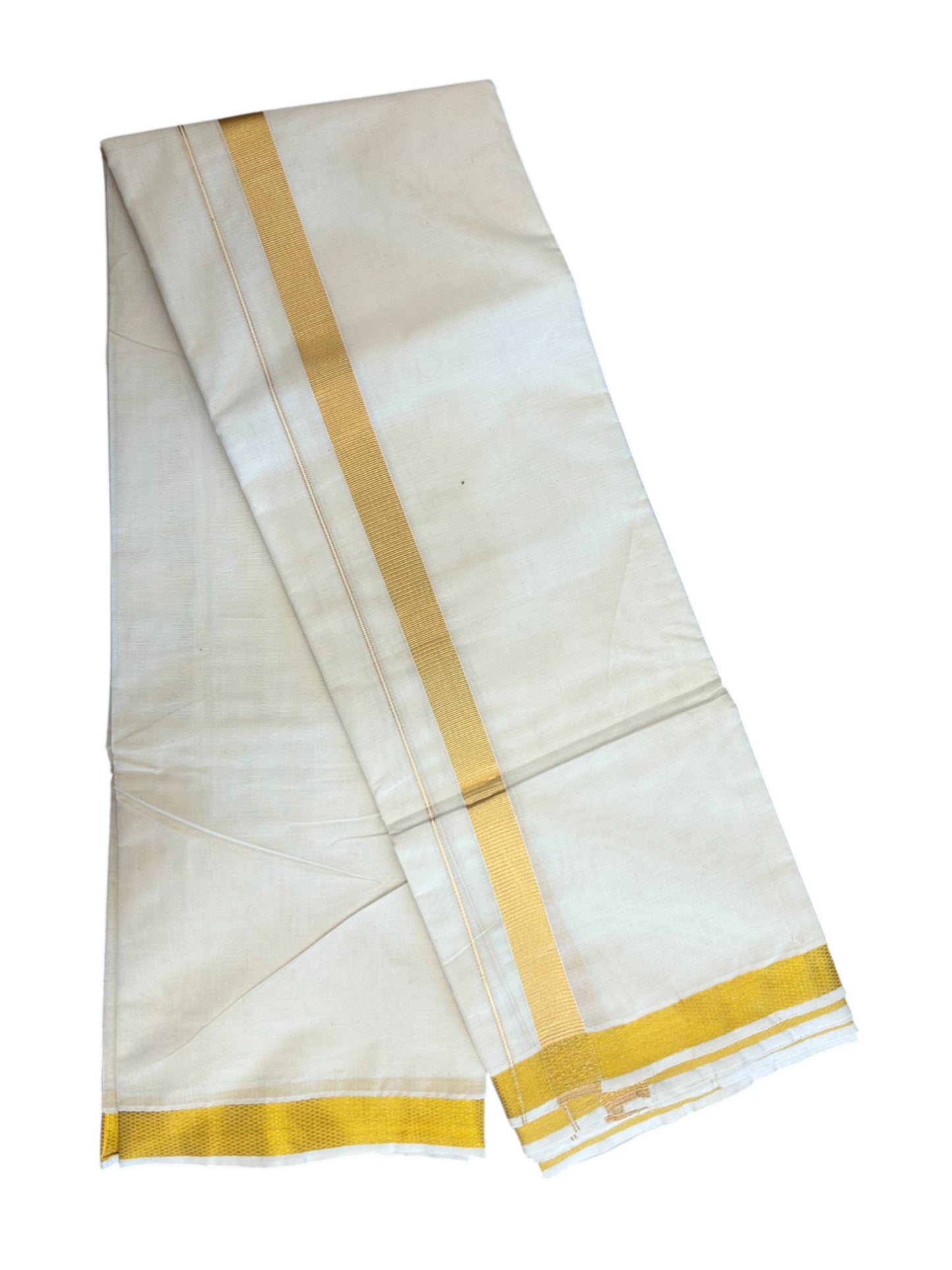 20% DISCOUNT! Kaitharikada Balaramapuram 100% PURE COTTON - OFF White (Unbleached) - (100x80)s - NORTH INDIAN ATTACHED GAMCHA 9X5 Dhoti - Gold Kasavu 1.25 inch Kara - 101KK5227 PMC