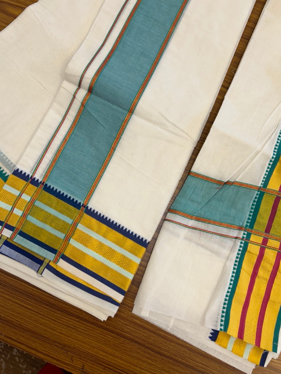 20% Discount! KaithariKada  Mixed Cotton Off White - (Unbleached) 80x90 thread - North Indian - Gamcha 8x4 - 4 inch kara with Magenta & Turquoise Green Gold Kasav border - 6 KK5303 PMC