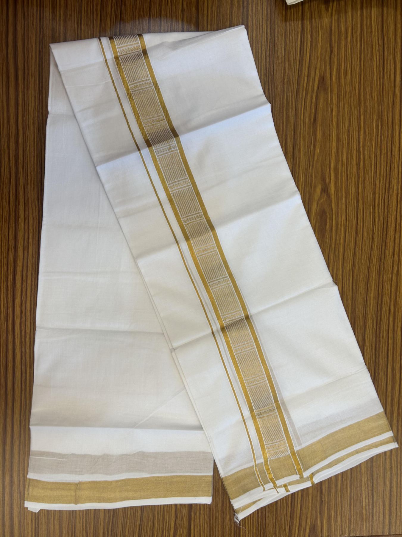20% Discount!! Kaitharikada Balaramapuram 100% Pure Cotton Pure White Double Mundu/Dothi - 100x80 - 1.75 inch Gold Kasav Jacquard Design Kara - 3.90 m (8 muzham) - 55 KK5356 VAS