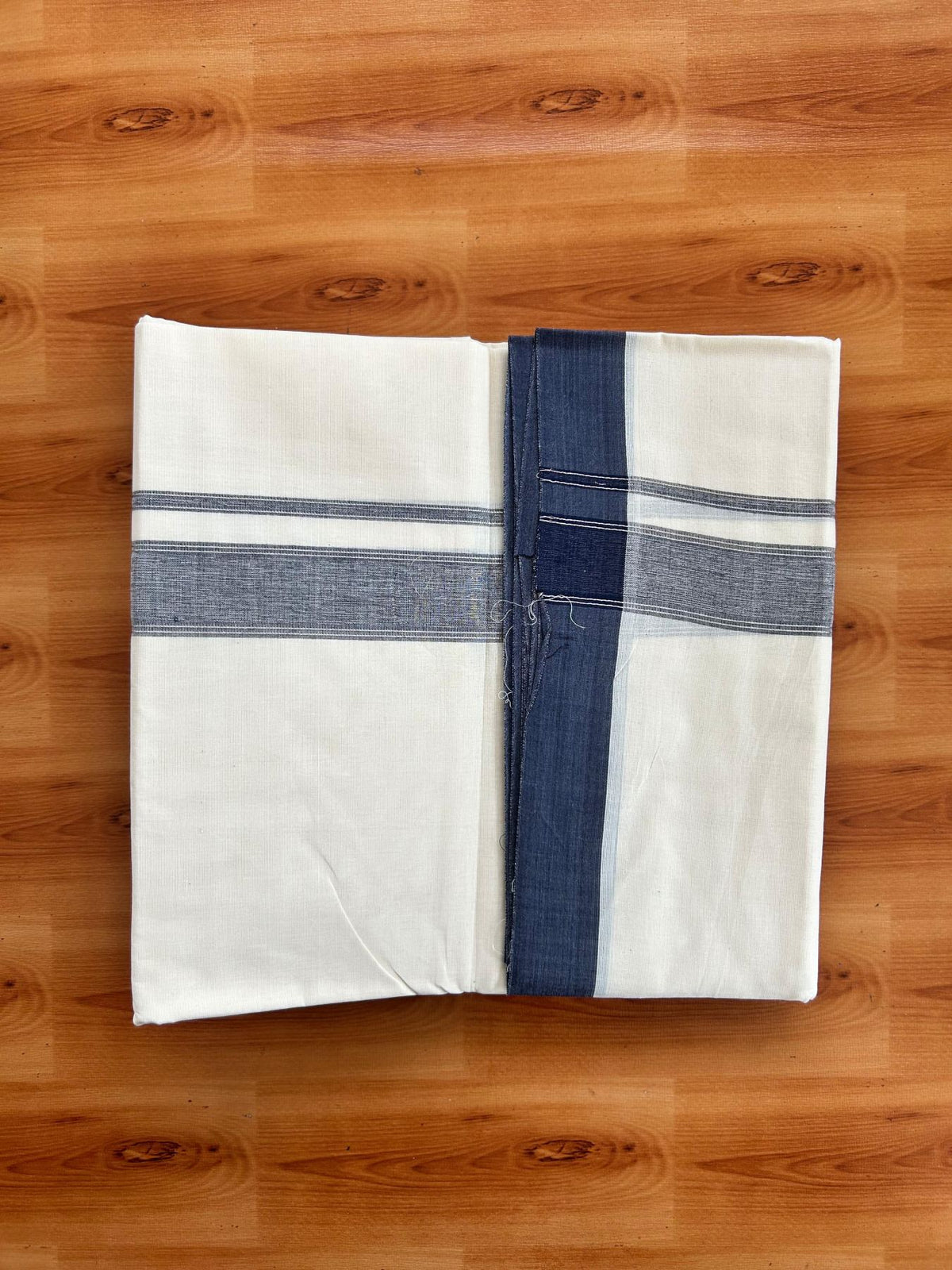 Double Off White (Unbleached) Mundu/Dhoti - 20% Discount! Kaitharikada Pure Cotton - 80x80 - 1.25 Inch Navy blue & Silver shaded Kara 4 mtr (8.5 muzham) - 11 KK5497 MRH