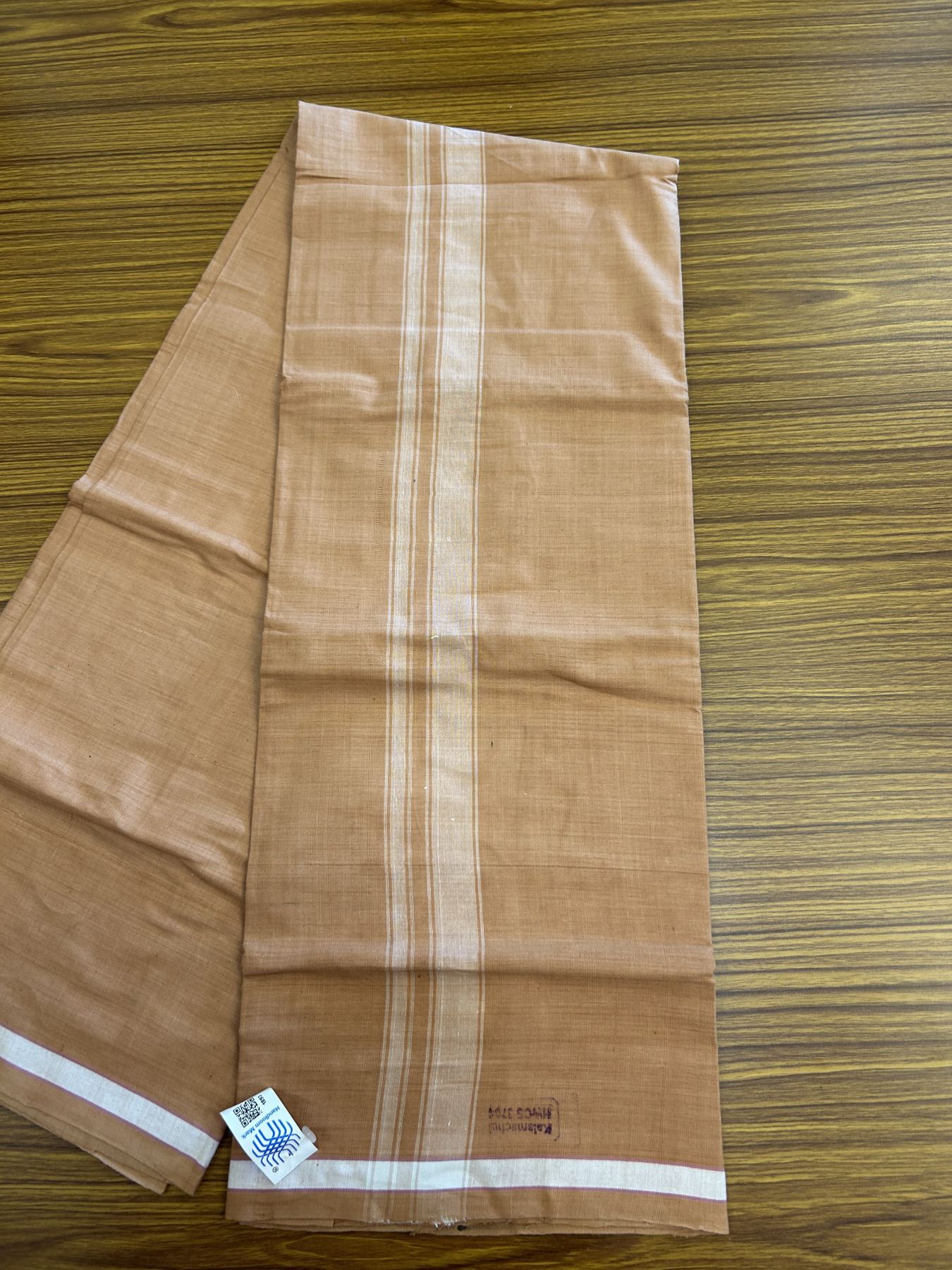 Kerala Handloom - Signature Kaitharikada - Government Sealed Hallmarked - 100% Pure Cotton 2/60x40s Thread - Single Mundu / Dhoti - 1 inch White Shaded Striped Kara with Kavi colour Body - 30 KK8046 KAL