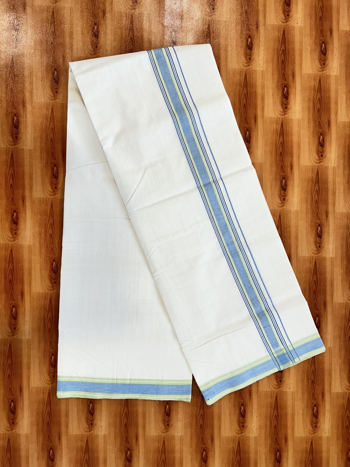 Double Off White (Unbleached) Mundu/Dhoti - 25% Discount!! KaithariKada Handloom Unakkupaav - Kerala Handloom - 100% Pure Cotton - 100x80 - 1.5 inch Blue & Light Green Striped Kara 4 meter (8.5 muzham) - 14 KK5436 REA