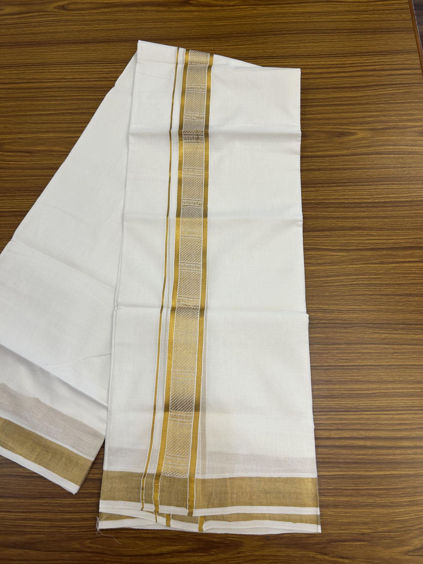 20% Discount!! Kaitharikada Balaramapuram 100% Pure Cotton Pure White Double Mundu/Dothi - 100x80 - 1.75 inch Gold Kasav Jacquard Design Kara - 3.90 m (8 muzham) - 55 KK5356 VAS