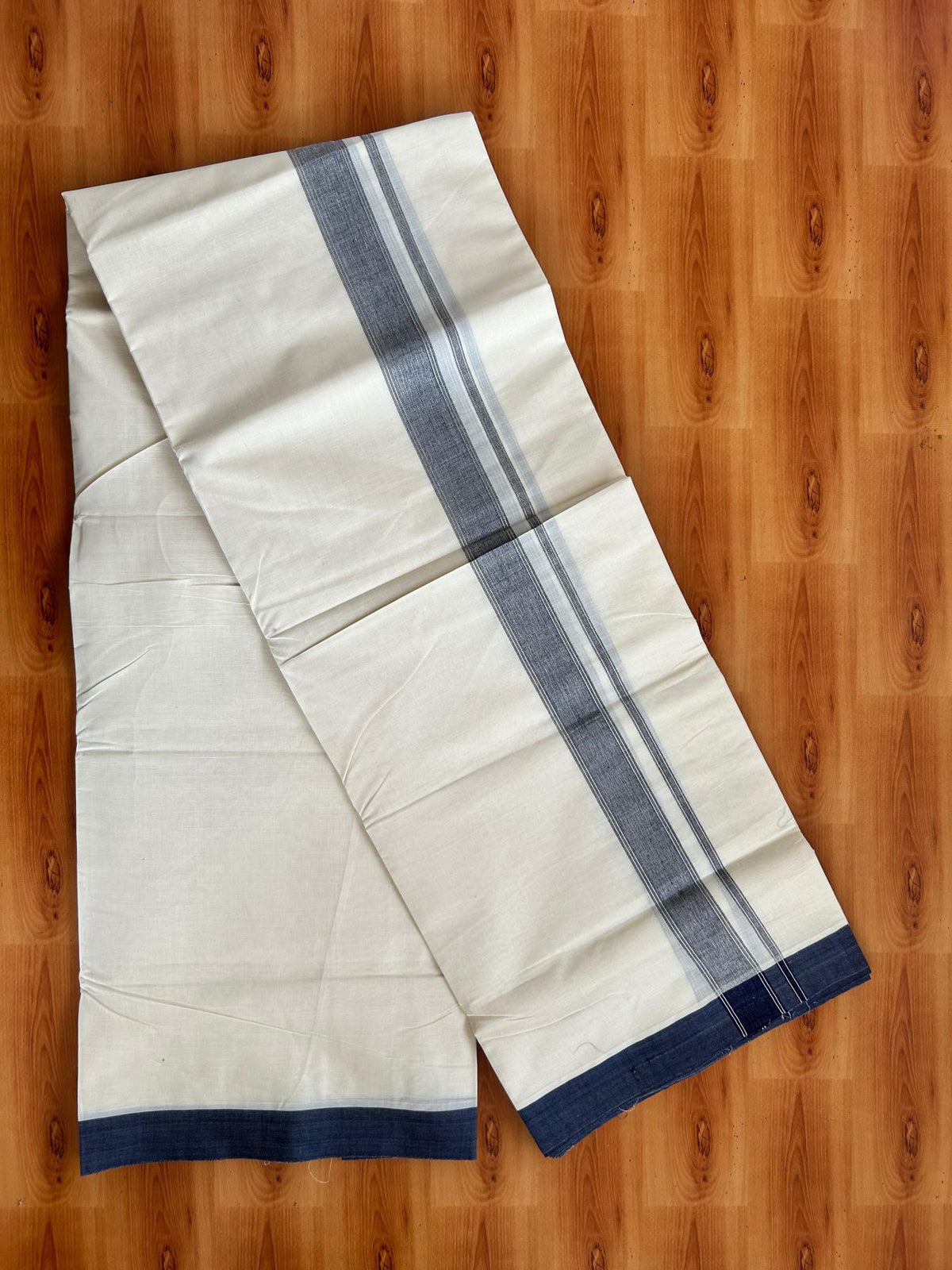 Double Off White (Unbleached) Mundu/Dhoti - 20% Discount! Kaitharikada Pure Cotton - 80x80 - 1.25 Inch Navy blue & Silver shaded Kara 4 mtr (8.5 muzham) - 11 KK5497 MRH