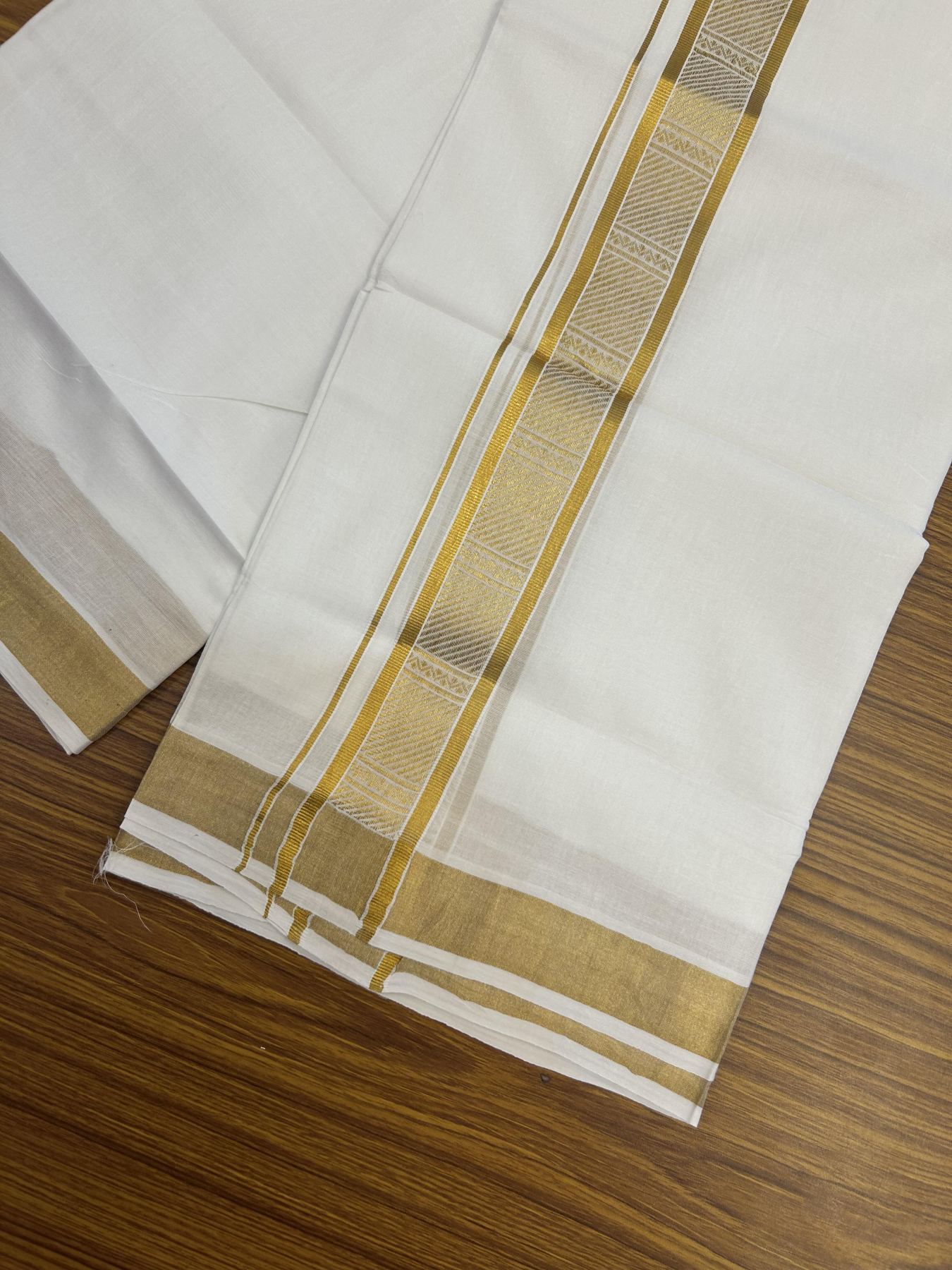 20% Discount!! Kaitharikada Balaramapuram 100% Pure Cotton Pure White Double Mundu/Dothi - 100x80 - 1.75 inch Gold Kasav Jacquard Design Kara - 3.90 m (8 muzham) - 55 KK5356 VAS