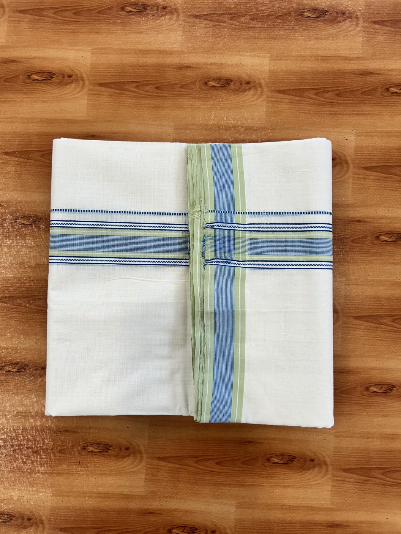 Double Off White (Unbleached) Mundu/Dhoti - 25% Discount!! KaithariKada Handloom Unakkupaav - Kerala Handloom - 100% Pure Cotton - 100x80 - 1.5 inch Blue & Light Green Striped Kara 4 meter (8.5 muzham) - 14 KK5436 REA