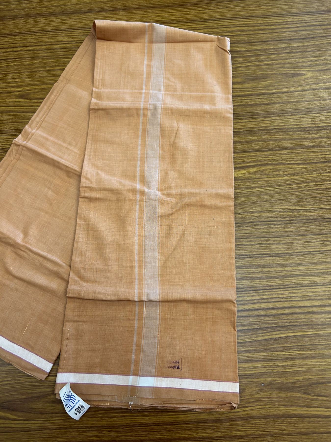 Kerala Handloom - Signature Kaitharikada - Government Sealed Hallmarked - 100% Pure Cotton 2/60x40s Thread - Single Mundu / Dhoti - 1 inch White Shaded Striped Kara with Kavi colour Body - 31 KK8046 KAL