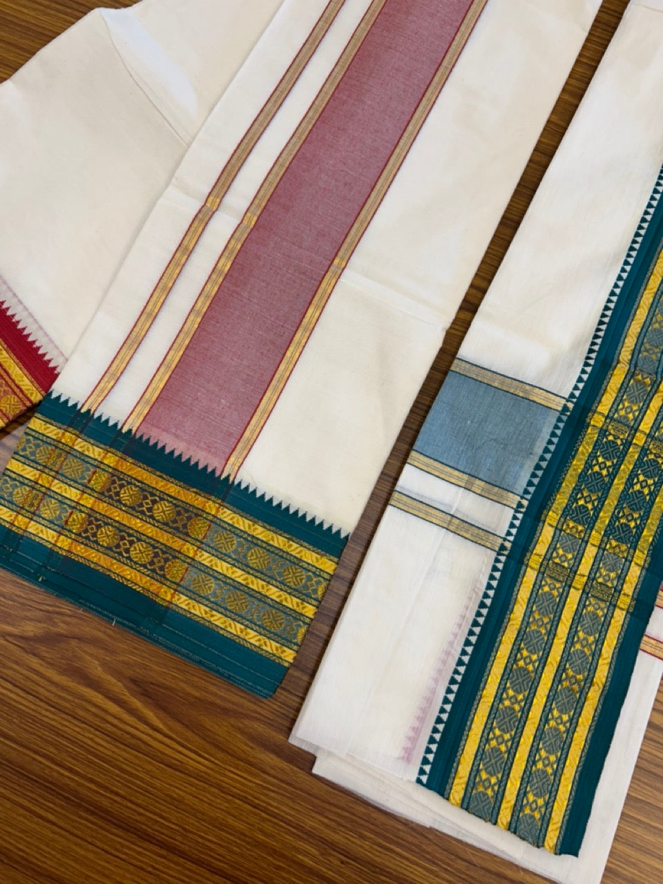 20% Discount! KaithariKada Mixed Cotton Off White - (Unbleached) 80x90 thread - North Indian - Gamcha 8x4 - 3.25 inch kara with Green & Red Gold Kasav Jacquard border - 18 KK5303 PMC