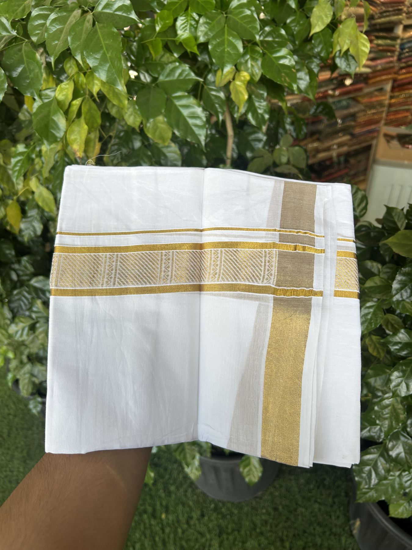 20% Discount!! Kaitharikada Balaramapuram 100% Pure Cotton Pure White Double Mundu/Dothi - 100x80 - 1.75 inch Gold Kasav Jacquard Design Kara - 3.90 m (8 muzham) - 55 KK5356 VAS