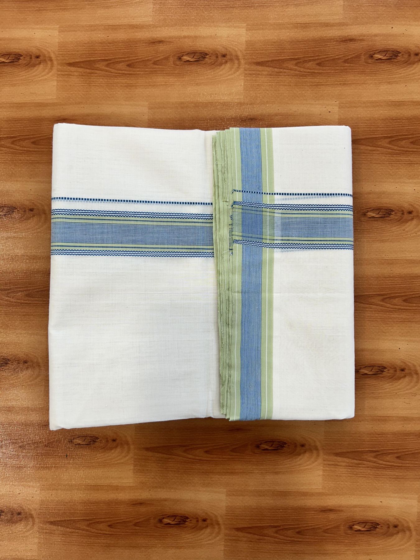Double Off White (Unbleached) Mundu/Dhoti - 25% Discount!! KaithariKada Handloom Unakkupaav - Kerala Handloom - 100% Pure Cotton - 100x80 - 1.5 inch Blue & Light Green Striped Kara 4 meter (8.5 muzham) - 15 KK5436 REA