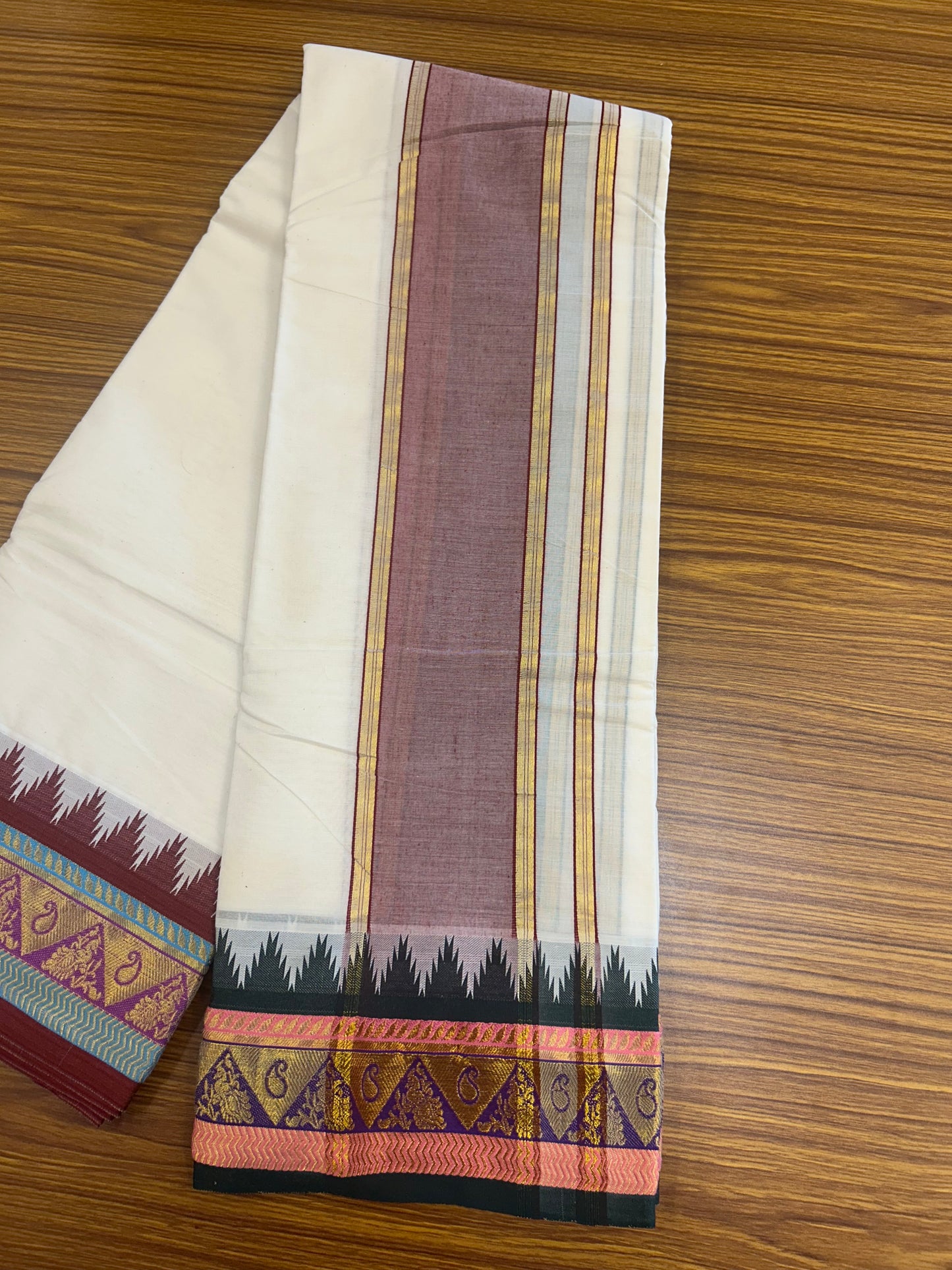 20% DISCOUNT! KaithariKada OFF WHITE - (Unbleached) -Cotton Mix - 80x90 - 80 % Cotton & 20% Polyester- NORTH INDIAN -  ATTACHED GAMCHA  - 9X5 Dhoti 4.75 inch Maroon kara with Dark Green , Peach ,Violet & Sky Blue Gold Kasavu Design border - 102KK227 PMC