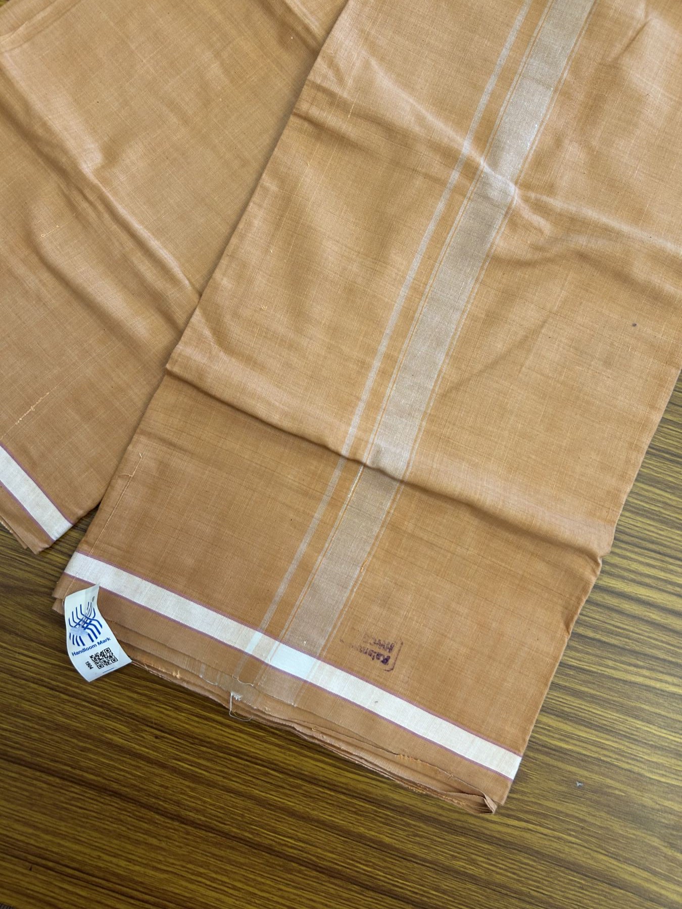 Kerala Handloom - Signature Kaitharikada - Government Sealed Hallmarked - 100% Pure Cotton 2/60x40s Thread - Single Mundu / Dhoti - 1 inch White Shaded Striped Kara with Kavi colour Body - 31 KK8046 KAL
