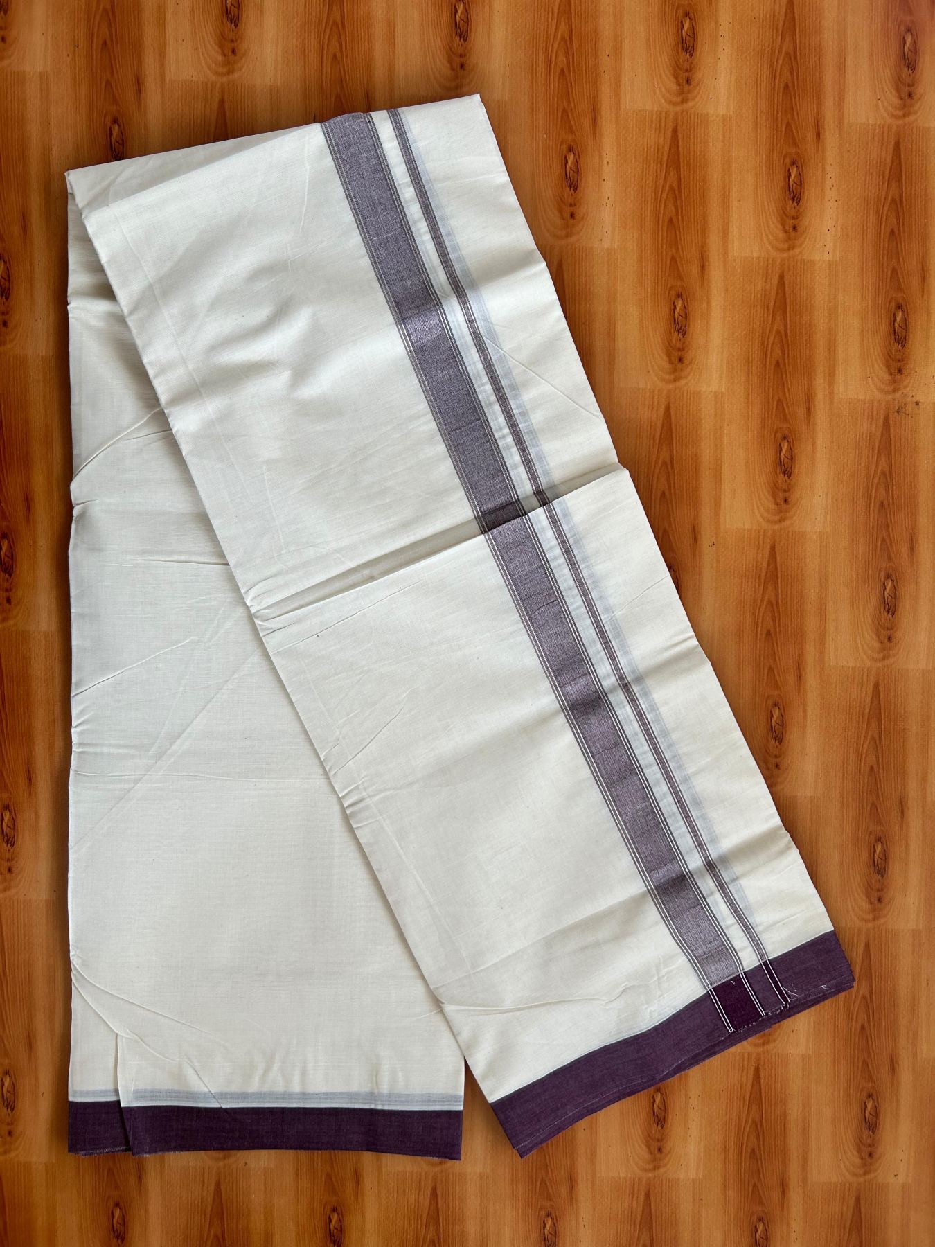 Double Off White (Unbleached) Mundu/Dhoti - 20% Discount! Kaitharikada Pure Cotton - 80x80 - 1.25 Inch Wine purple & Silver shaded Kara 4 mtr (8.5 muzham) - 12 KK5497 MRH