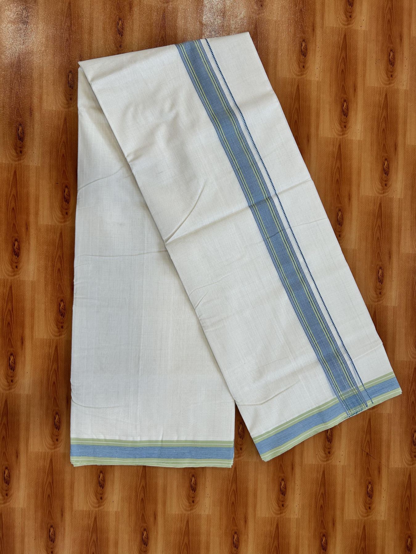 Double Off White (Unbleached) Mundu/Dhoti - 25% Discount!! KaithariKada Handloom Unakkupaav - Kerala Handloom - 100% Pure Cotton - 100x80 - 1.5 inch Blue & Light Green Striped Kara 4 meter (8.5 muzham) - 15 KK5436 REA