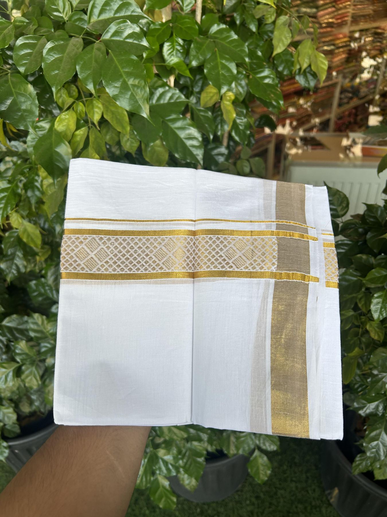 20% Discount!! Kaitharikada Balaramapuram 100% Pure Cotton Pure White Double Mundu/Dothi - 100x80 - 2 inch Gold Kasav Jacquard Design Kara - 3.90 m (8 muzham) - 54 KK5356 VAS