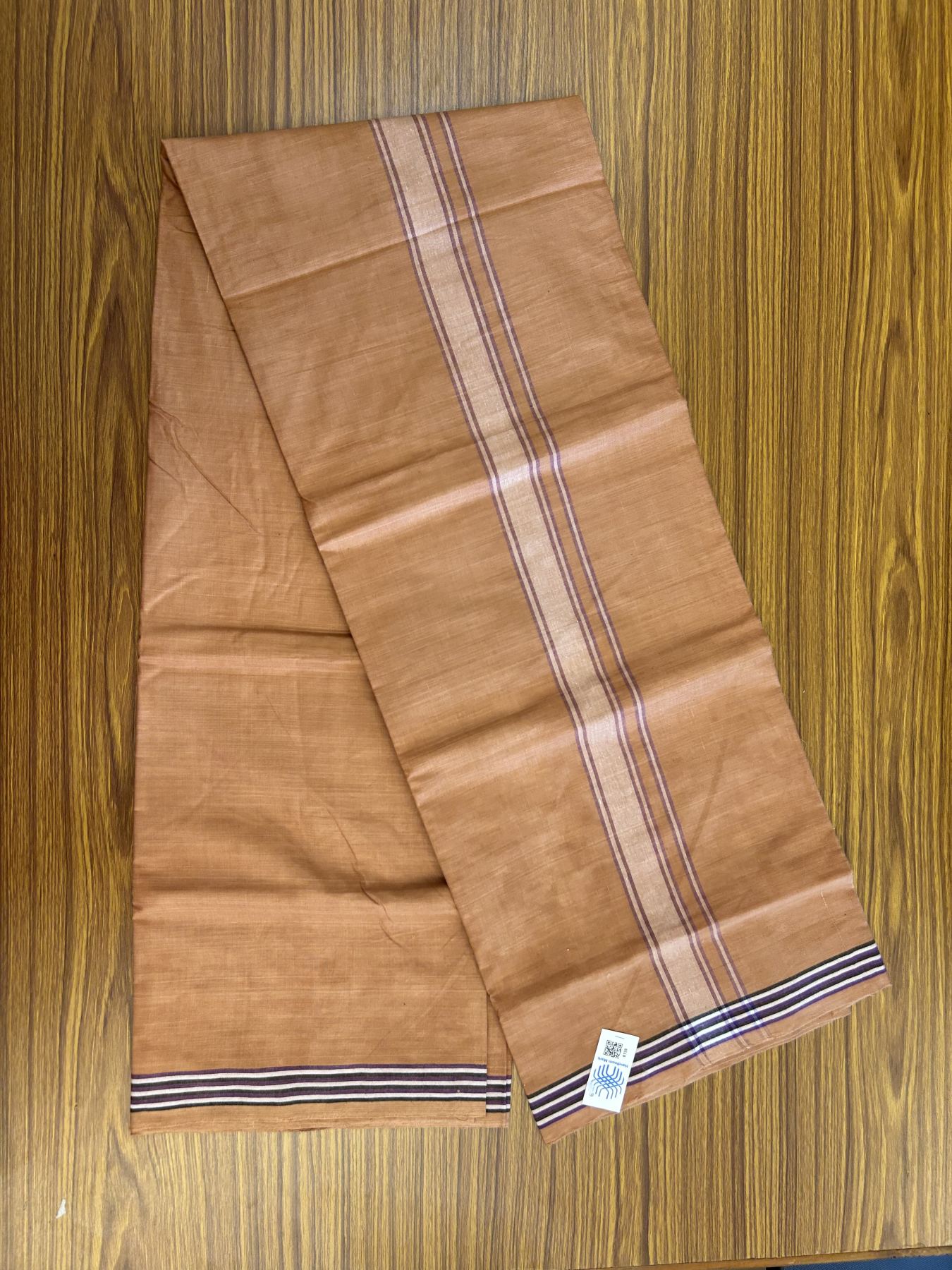 Kerala Handloom - Signature Kaitharikada - Government Sealed Hallmarked - 100% Pure Cotton 2/60x40s Thread - Single Mundu / Dhoti - 1.25 inch White Violet Shaded Striped Kara with Kavi colour Body - 32 KK8046 KAL