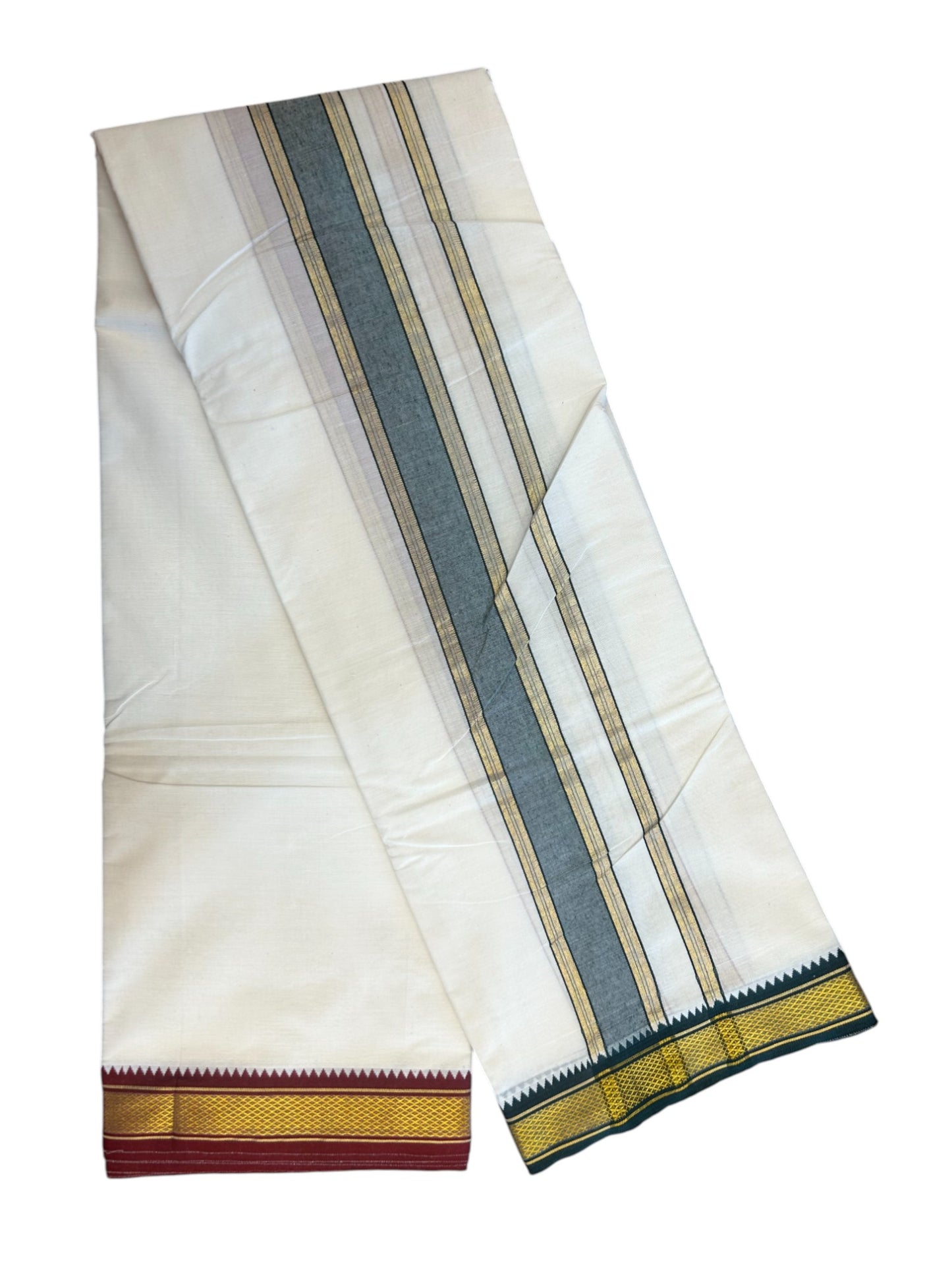 20% DISCOUNT! KaithariKada OFF WHITE (Unbleached) - Cotton Mix -80x90 thread - 80 % Cotton & 20% Polyester- NORTH INDIAN - ATTACHED GAMCHA 9X5 Dhoti 2 inch Green kara with Maroon Kasavu border  - 103KK5227 PMC