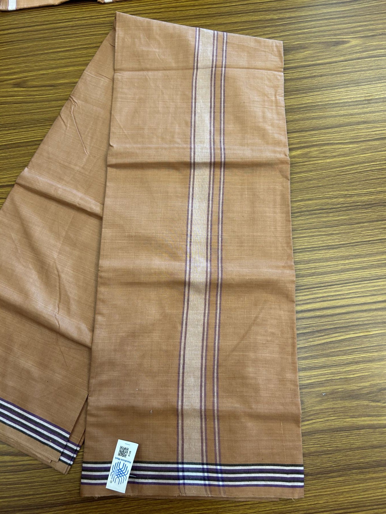 Kerala Handloom - Signature Kaitharikada - Government Sealed Hallmarked - 100% Pure Cotton 2/60x40s Thread - Single Mundu / Dhoti - 1.25 inch White Violet Shaded Striped Kara with Kavi colour Body - 32 KK8046 KAL