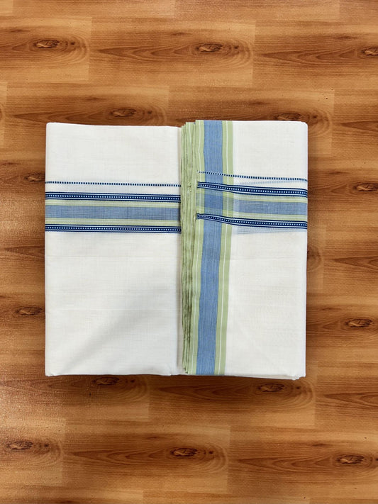 Double Off White (Unbleached) Mundu/Dhoti - 25% Discount!! KaithariKada Handloom Unakkupaav - Kerala Handloom - 100% Pure Cotton - 100x80 - 1.5 inch Blue & Light Green Striped Kara 4 meter (8.5 muzham) - 16 KK5436 REA