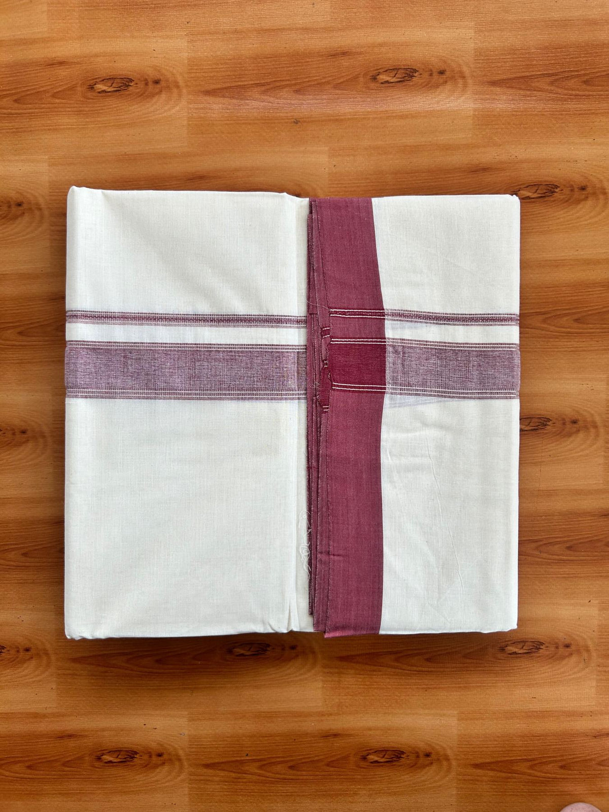Double Off White (Unbleached) Mundu/Dhoti - 20% Discount! Kaitharikada Pure Cotton - 80x80 - 1.25 Inch Maroon & Silver shaded Kara 4 mtr (8.5 muzham) - 13 KK5497 MRH