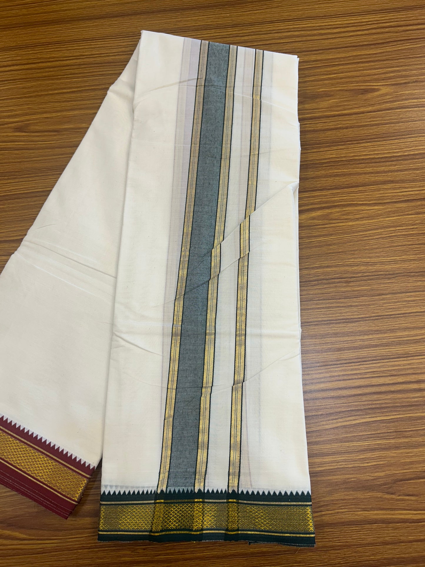 20% DISCOUNT! KaithariKada OFF WHITE (Unbleached) - Cotton Mix -80x90 thread - 80 % Cotton & 20% Polyester- NORTH INDIAN - ATTACHED GAMCHA 9X5 Dhoti 2 inch Green kara with Maroon Kasavu border  - 103KK5227 PMC