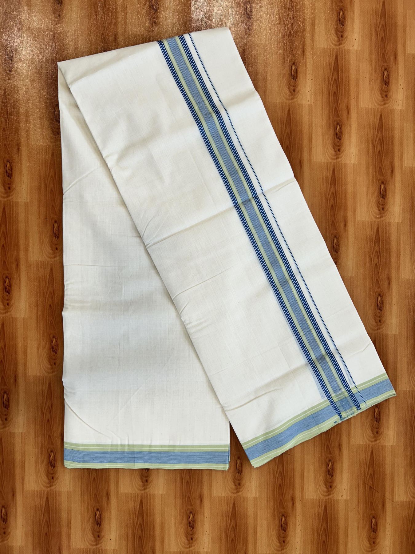 Double Off White (Unbleached) Mundu/Dhoti - 25% Discount!! KaithariKada Handloom Unakkupaav - Kerala Handloom - 100% Pure Cotton - 100x80 - 1.5 inch Blue & Light Green Striped Kara 4 meter (8.5 muzham) - 16 KK5436 REA