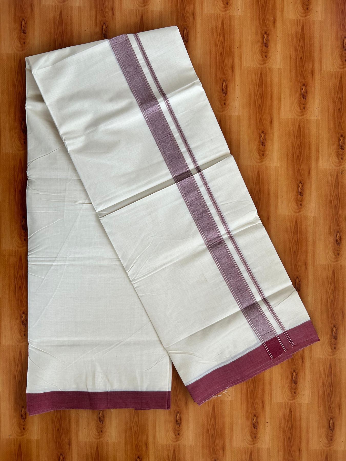 Double Off White (Unbleached) Mundu/Dhoti - 20% Discount! Kaitharikada Pure Cotton - 80x80 - 1.25 Inch Maroon & Silver shaded Kara 4 mtr (8.5 muzham) - 13 KK5497 MRH