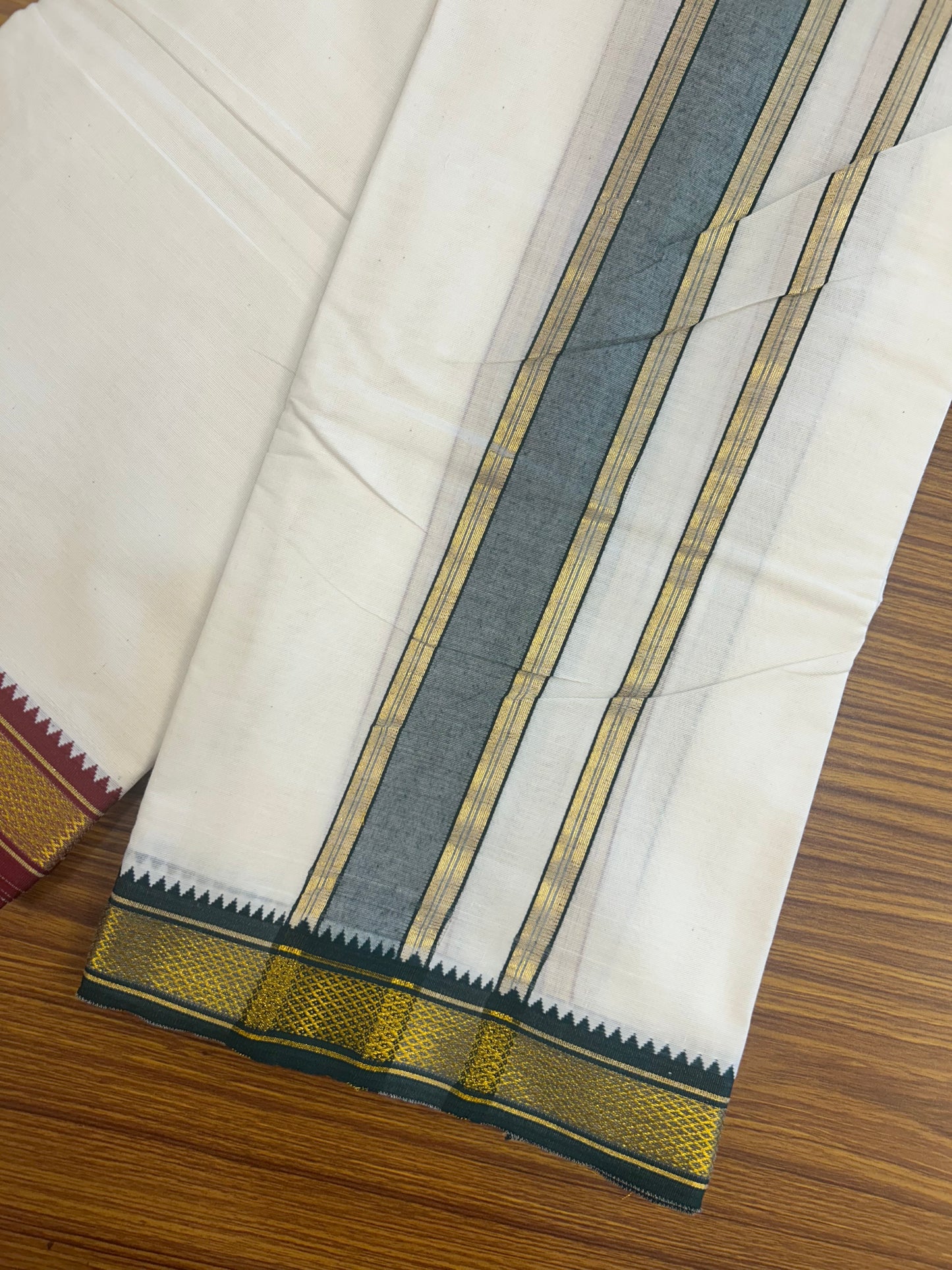20% DISCOUNT! KaithariKada OFF WHITE (Unbleached) - Cotton Mix -80x90 thread - 80 % Cotton & 20% Polyester- NORTH INDIAN - ATTACHED GAMCHA 9X5 Dhoti 2 inch Green kara with Maroon Kasavu border  - 103KK5227 PMC
